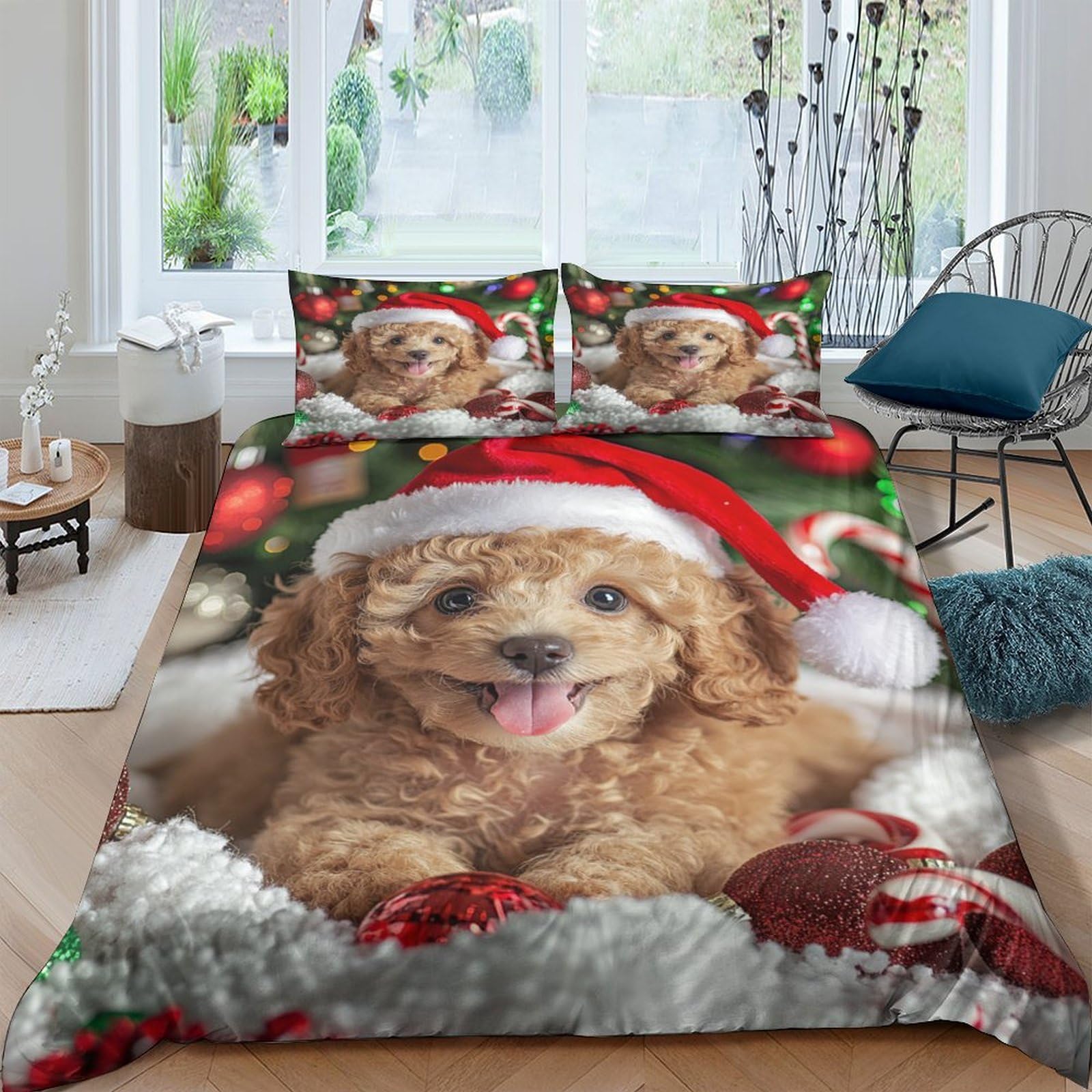 GPLZQXKJNH 3D Printed Christmas Puppy Duvet Cover Microfiber Red Santa Hat Bedding Set with 2 Pillowcases for Bedroom Decor Single（135x200cm）