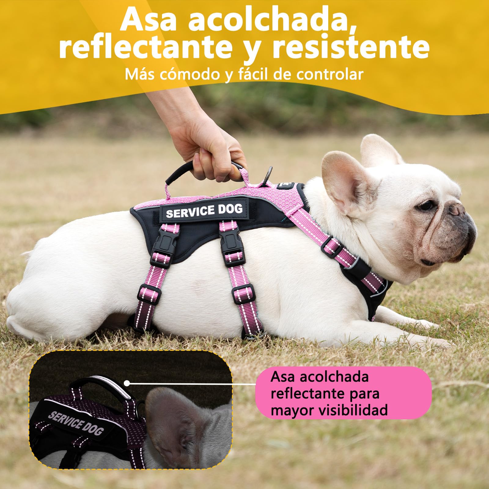Huntboo Arnes Perro Grande de Servicio con 6 Parches, Arnes Antiescape Perro con Asa, Arnés Antitirones para Perros, Chaleco Reflectante Ajustable, Paseo Y Actividades Al Aire Libre (Rosa,L)