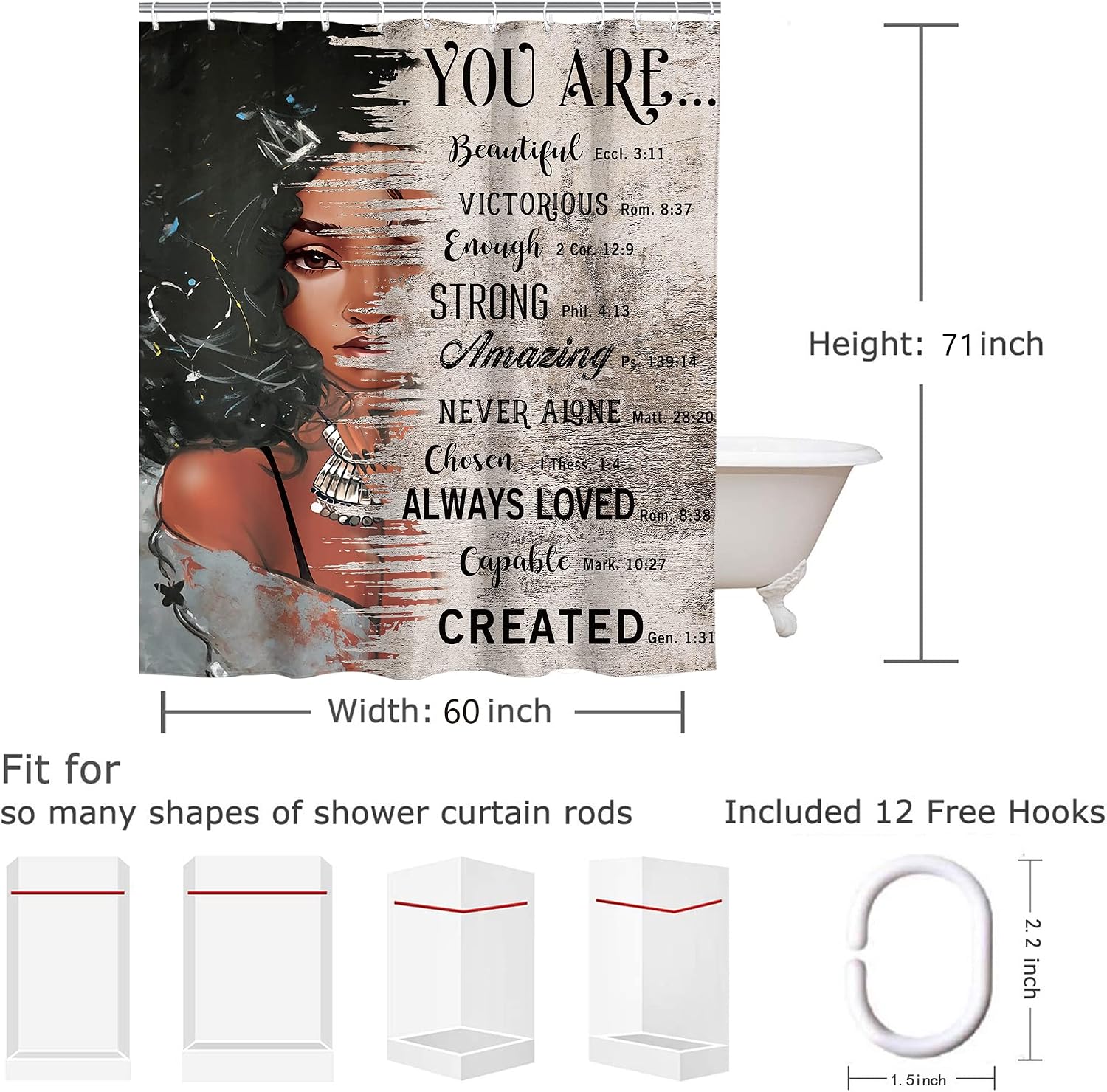 African American Black Girl Quotes Bathroom Shower Curtain Afro Postive Inspirational Motivational Bible 60W by 71H Inch Polyester Fabric 12 Plastic Hooks Waterproof Decor image 5