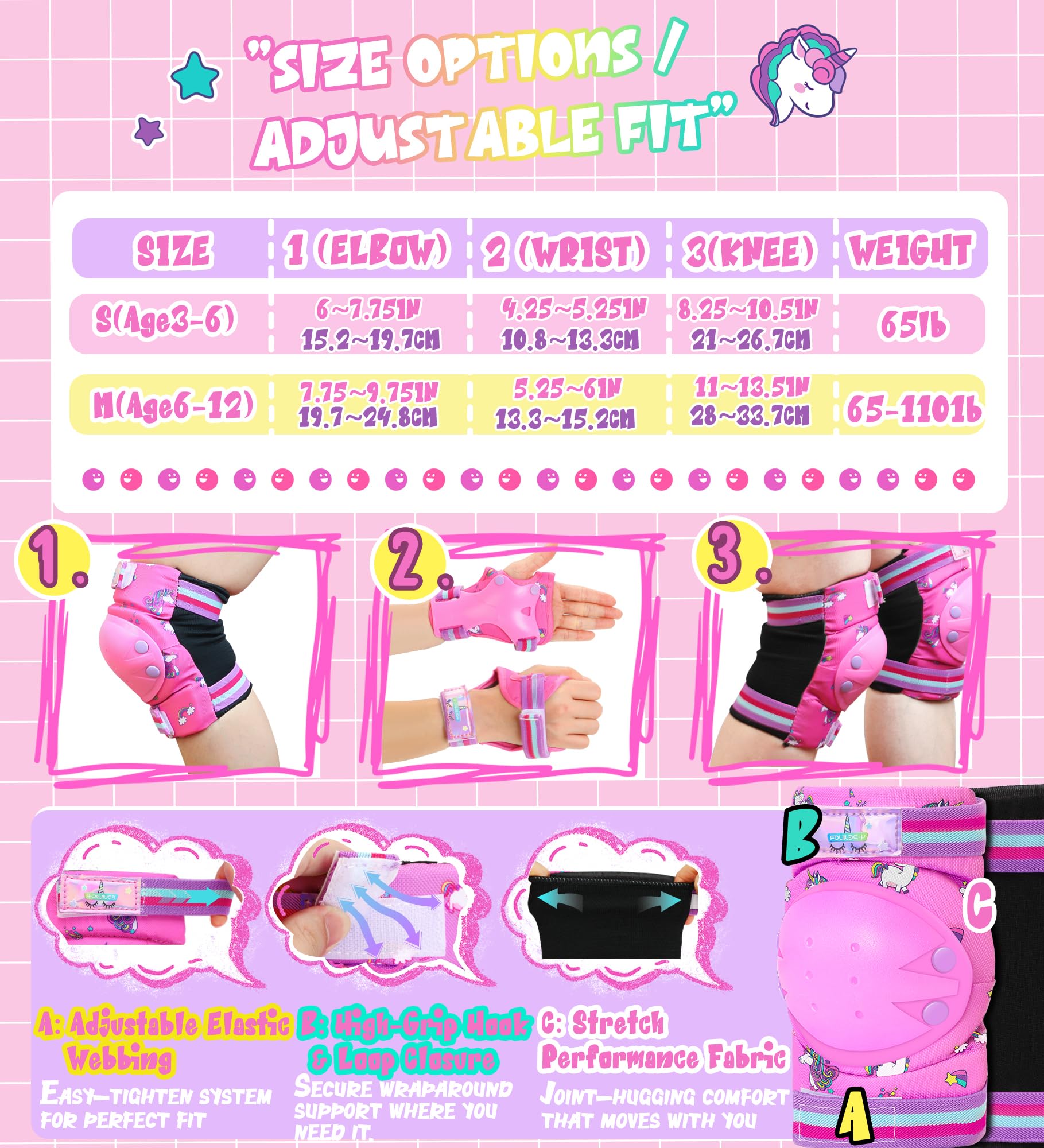 Unicornio Rodilleras Protección Patines Infantiles con Bolsa de Cordón para Patinaje Skateboard Bicicletas