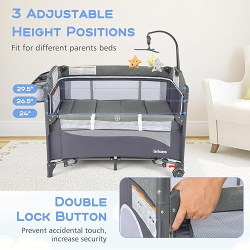 Miniatura 3 de INFANS Pack and Play, 5 en 1 Cuna Junto a la Cama del Bebé con Moisés, Cambiador de Pañales, Colchón, Bolsa de Transporte, Juguetes Colgantes con