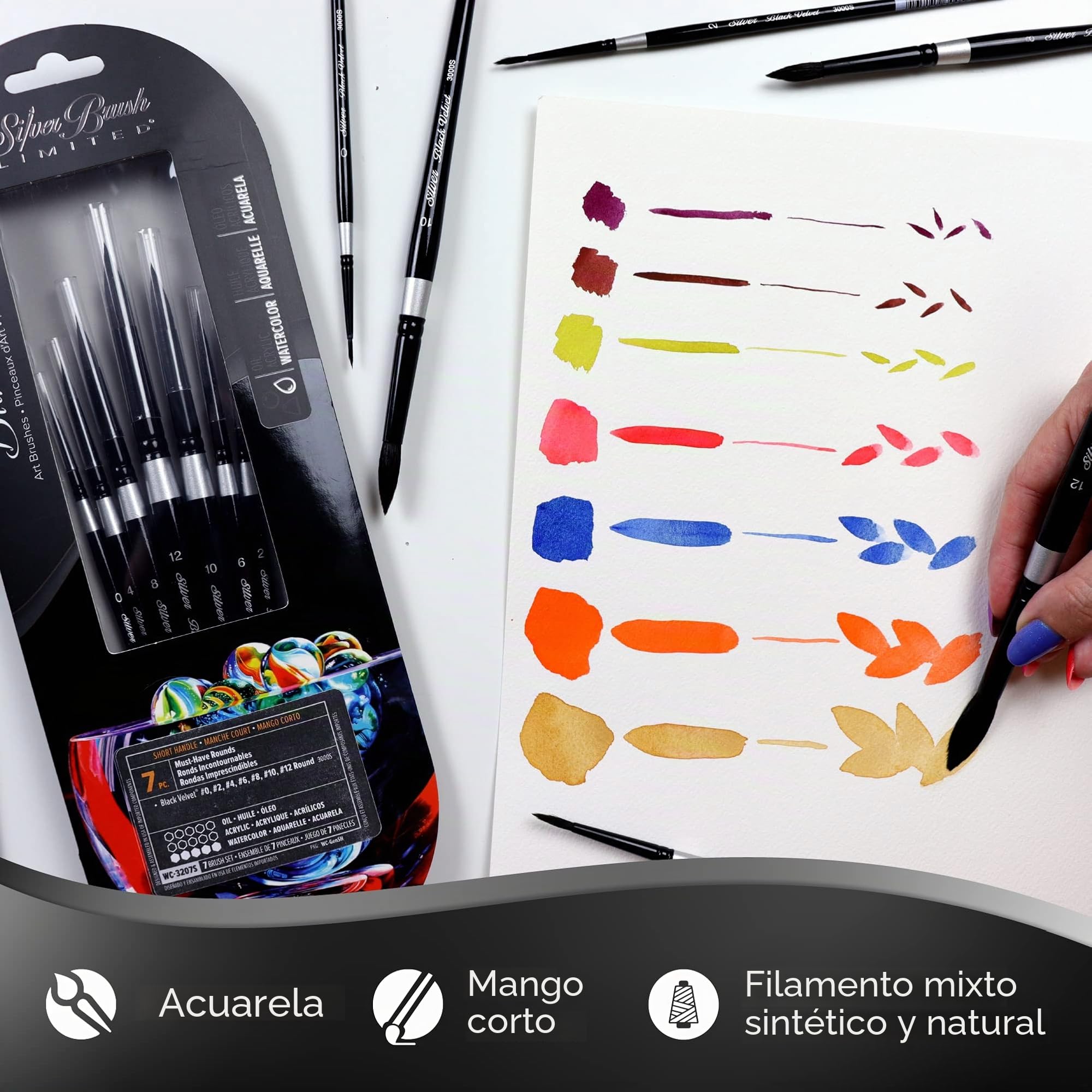 Silver Brush Limited WC-3207S Black Velvet - Juego básico de 7 Pinceles Redondos para Acuarela - #0, #2, #4, #6, #8, #10 y #12