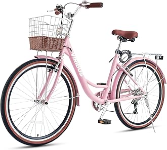 Viribus Women's Comfort Bike, 61 cm 7 Speed Bicycle for Women, 24 Inch Beach & City Cruiser Bike with Shimano Derailleur Rattan Basket Steel Rack, Step Through Bike for Women Adults Youth