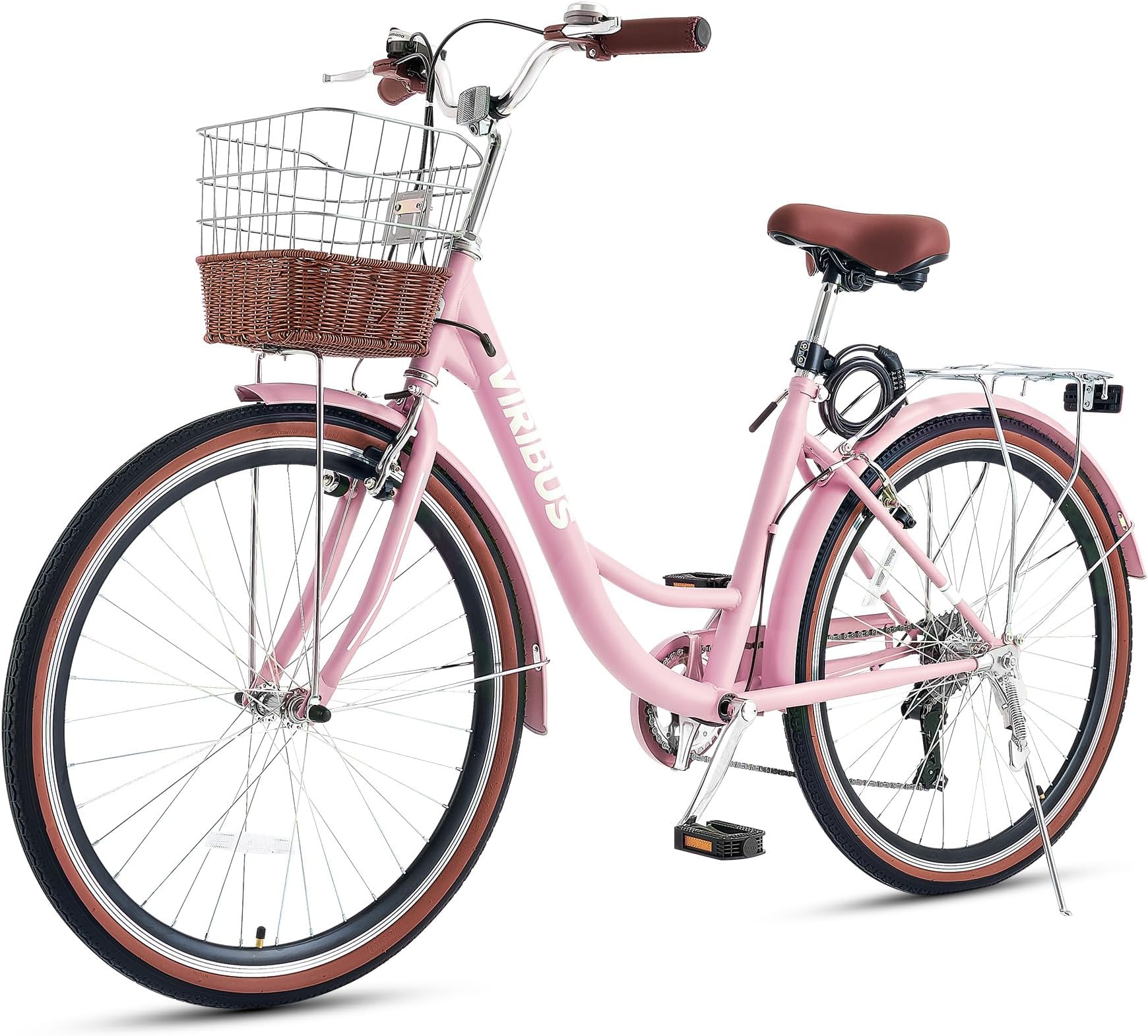 Viribus Womens Bike, 7 Speed Beach Cruiser Bike for Women, 24 26 inch Bicycle for Adults Seniors Female Ladies with Ratten Basket & Rack, City Commuter Step Through Retro Vintage Bicycle