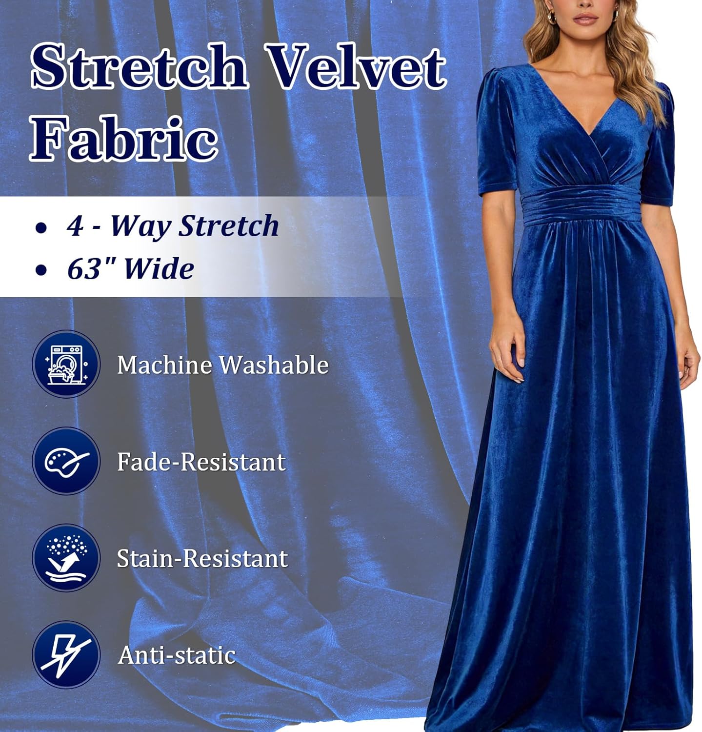 Soft Stretch Velvet Fabric by The Yard - 63" Wide 95% Polyester 5% Spandex, Luxury Material for Sewing Apparel, Costume, Upholstery & DIY Crafts (Royal Blue, 5 Yard)