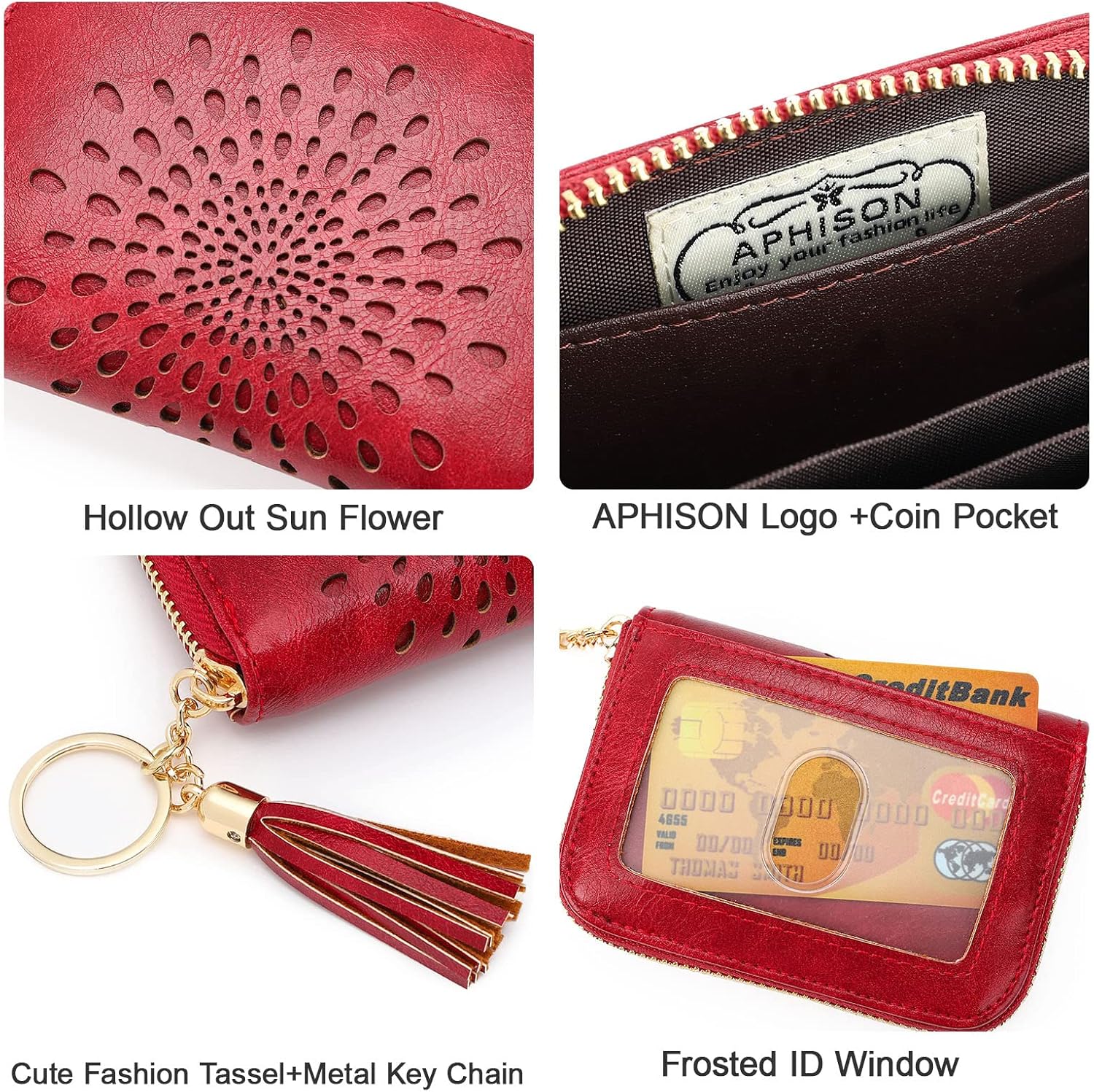 APHISON RFID Credit Card Holder Zipper Card Case Keychain Small Wallet for Women 1927 RED - Image 4