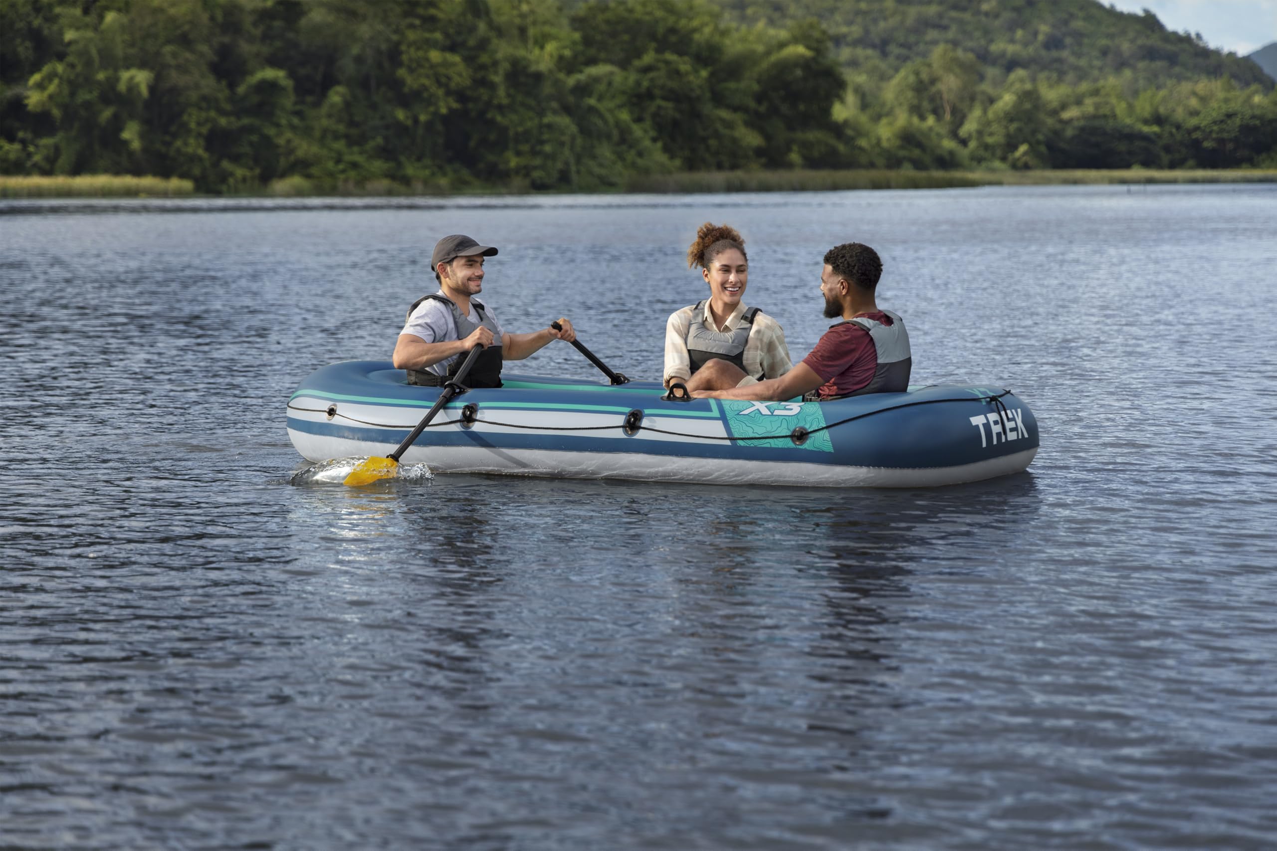 Bestway Hydro Force Schlauchboot-Set Trek X3, 294 x 137 x 39 cm, 2 Erwachsene, bis 360 kg, 3 Luftkammern, PVC, Ruderdollen, Tragegriff, Halteleine, aufblasbarer Boden, Pumpe, Ruder, GS-Zertifiziert
