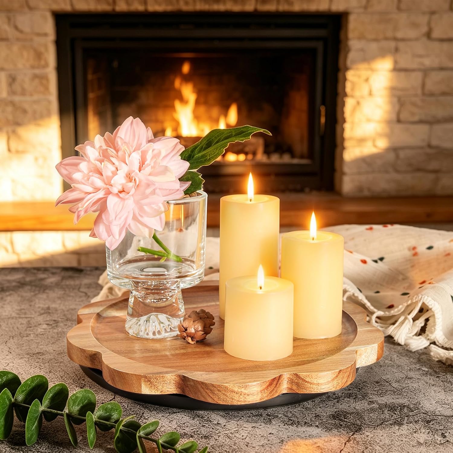 WLWNWFT Lazy Susan Turntable Organizer 10in, Acacia Wood Flower Shape Rotating Tray Candle Decoration Tray Centerpiece for Coffee Table, Candle Holder Display, Spice Rack, Pantry Organiser