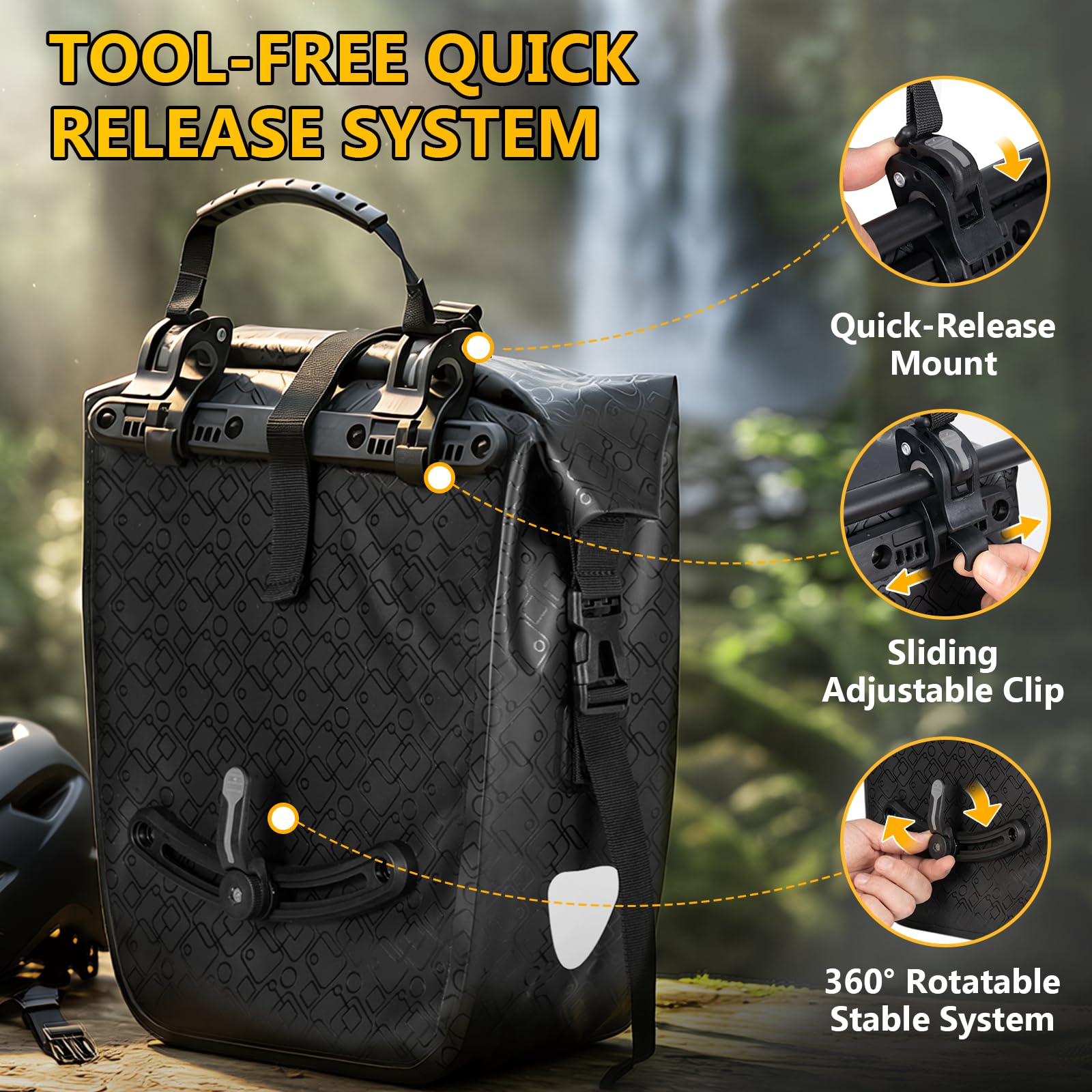 Favoto Borsa per Portapacchi Posteriore Bicicletta, Impermeabile Capacità 48L (2×24L), Design Riflettente, Sgancio Rapido, con Borsa Interna, Adatta per Bici Elettriche, Mountain Bike