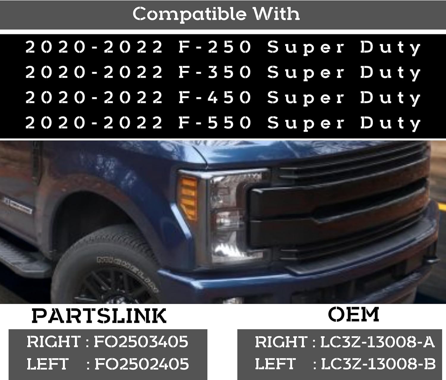 Headlamp Replacement For Ford F-250 Super Duty 2020-2022 Halogen Headlight Assembly With Bulbs, BLACK Right/Passenger Side, LC3Z-13008-A / FO2503405 DOT/SAE Compliant