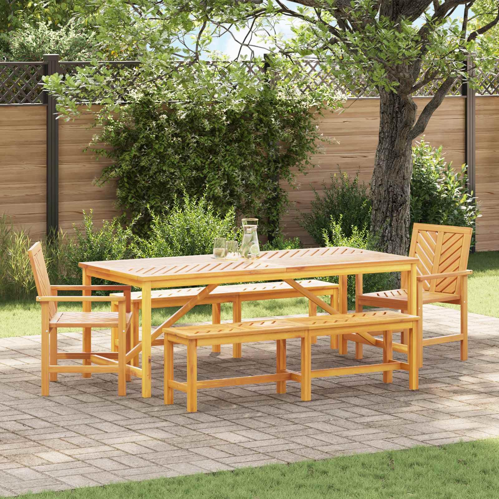 Set da pranzo da giardino in legno massiccio di acacia, marrone, 5 pezzi, con tavolo da 200 x 90 x 74 cm e set di sedute per terrazza, balcone, esterno, ideale per sala da pranzo, resistente