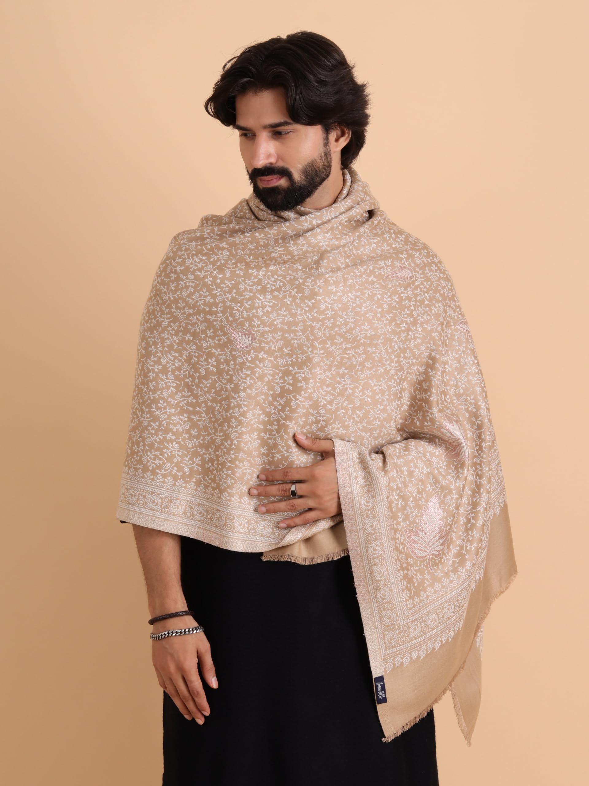 tweedle Kashmiri Shawl for Men, Zari Work, Faux Pashmina Stole for Gents - Beige (40 x 80 Inches) 2