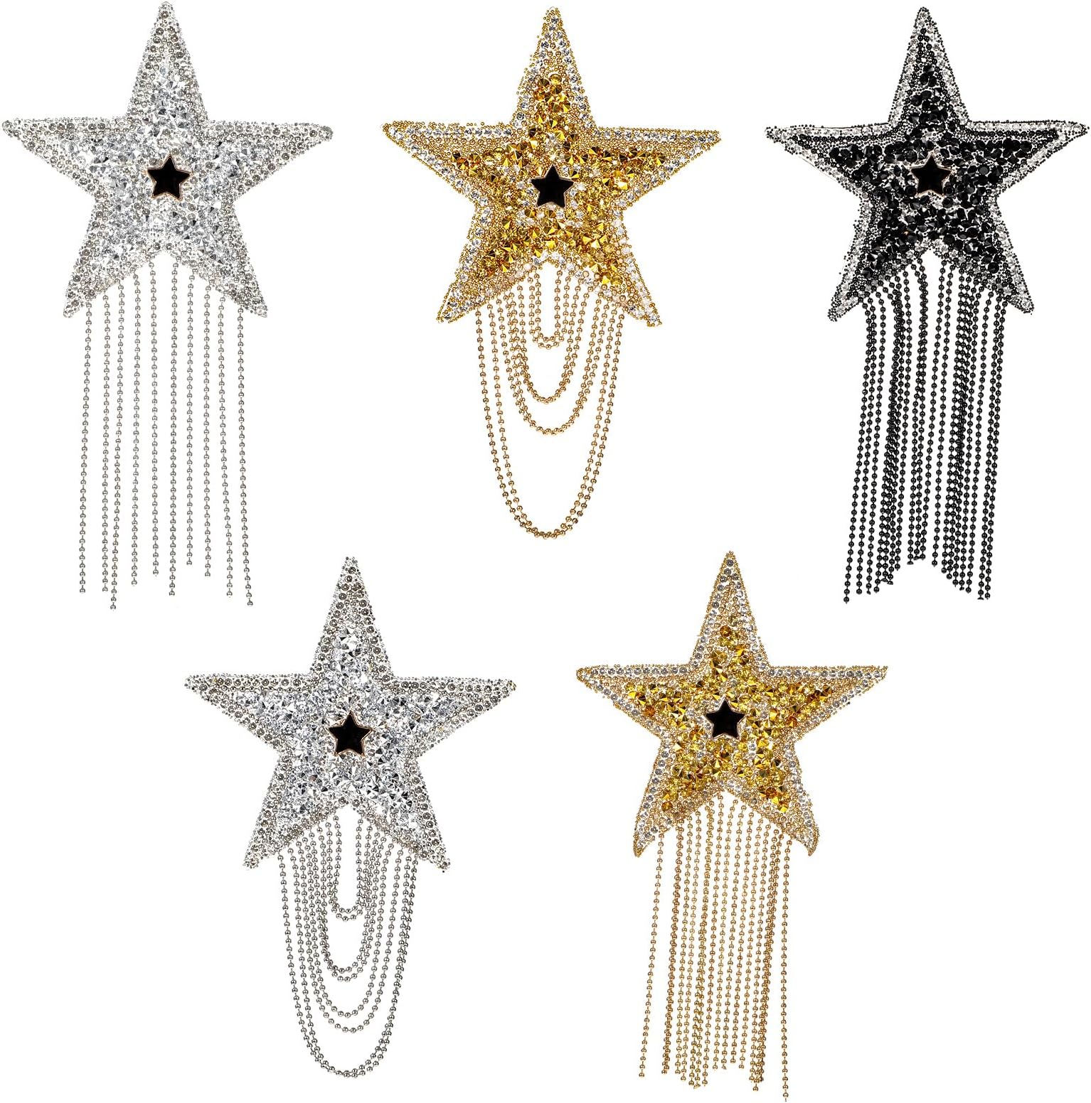5Pcs Rhinestone Star Patche with Chains Tassel Rhinestone Star Tassel Repair Patches Shiny Five-Pointed Star Pattern Iron On Patches for Clothing Dress Hat Bag Jacket Shoes Garment DIY Decoration