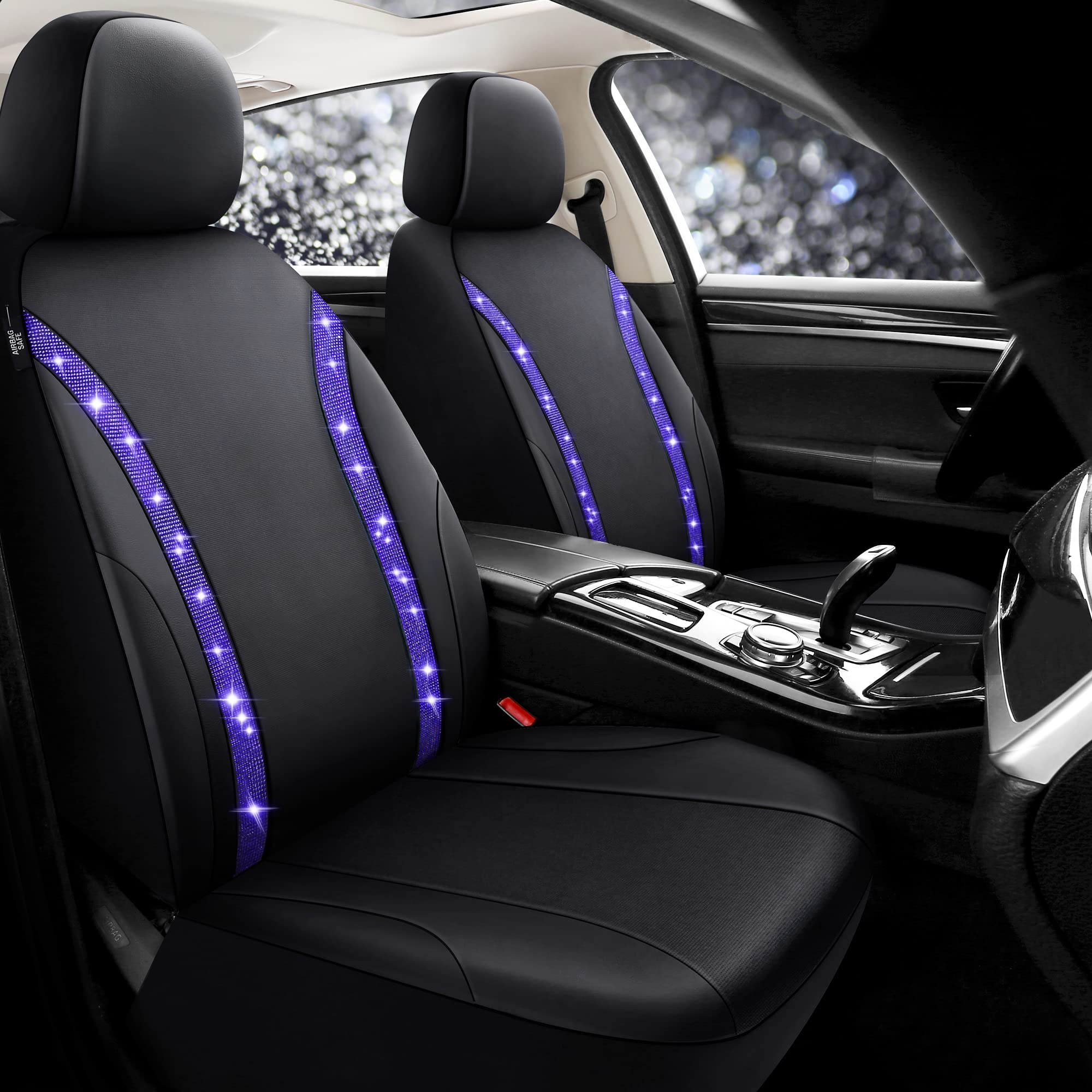 Pariitadin Bling Leather Car Seat Covers 2 Front Seats for Cute Women Girl, Shining Rhinestone Breathable Automotive Seat Covers for Cars, Universal Fit Most Cars Sedans SUVs Trucks(Blue Diamond)