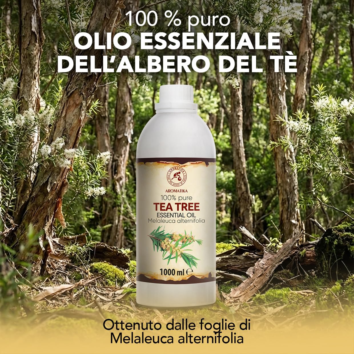 Olio Essenziale Dell'albero Del Tè 1000 ml - Melaleuca Alternifolia - Naturale e Puro - Olio essenziali per Diffusori - Profumi per la Casa - Saponi e Candele - Sauna - Aroma Fresco - Aromaterapia