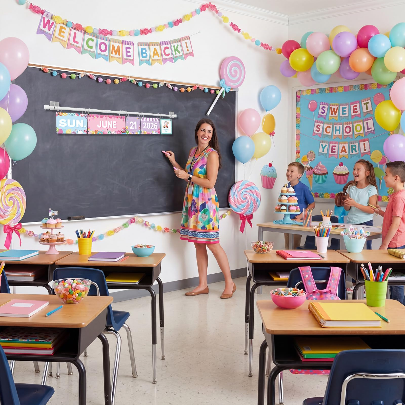 MotiMind 65-teiliges 2026 Candy Flip-Kalender, Pinnwand-Set, Flip-Kalender mit verstellbarem Halter, buntes Klassenzimmer-Dekor, inklusive 65 Datums-Karten für den Schulanfang, Heimdekor-Zubehör