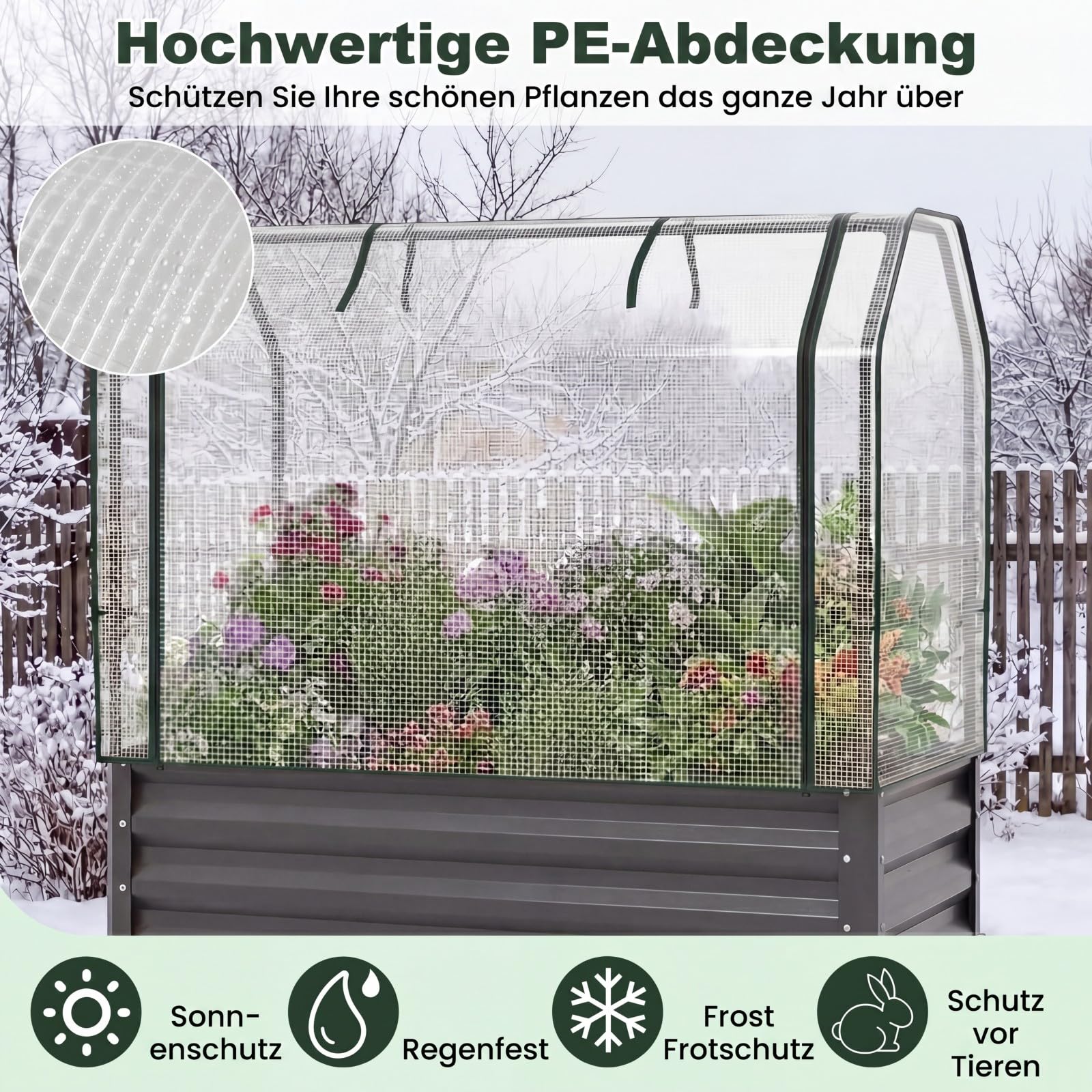 COSTWAY 3 in 1 Hochbeet mit PE-Abdeckung, erhöhtes Gartenbeet aus verzinktem Metall, Gewächshaus mit rollbarer Tür, Pflanzbeet Kräuterbeet für Garten Balkon Terrasse, 112 x 55 x 152 cm (Grau)