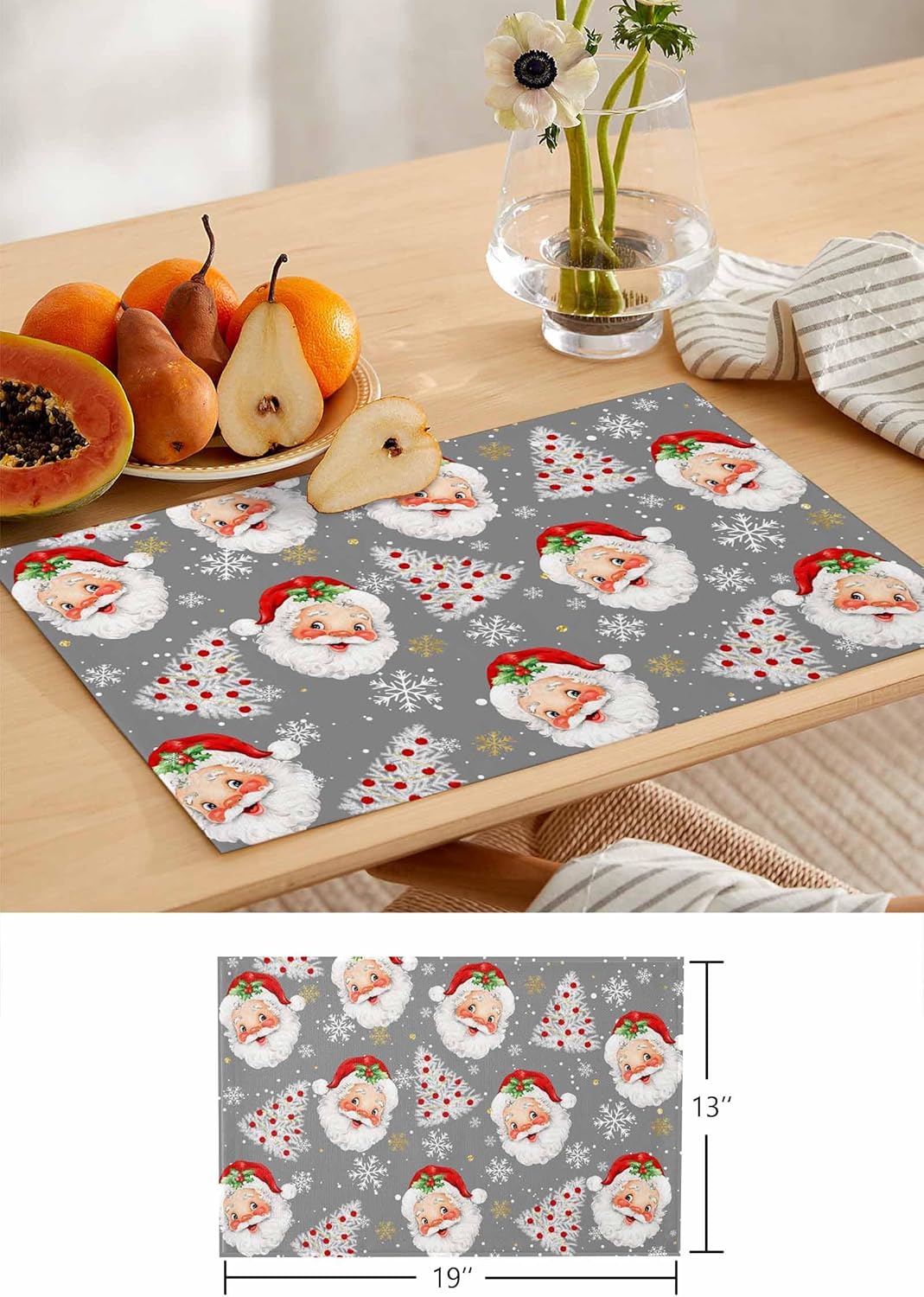 Xmas Santa Claus Table Runner with Placemats Set of 6, Cotton Linen Kitchen Dining Mats Non-Slip Long Table Cover 13"x70" Christmas Tree Winter Snowflake Table Mats Set for Living Room/Dresser/Dining