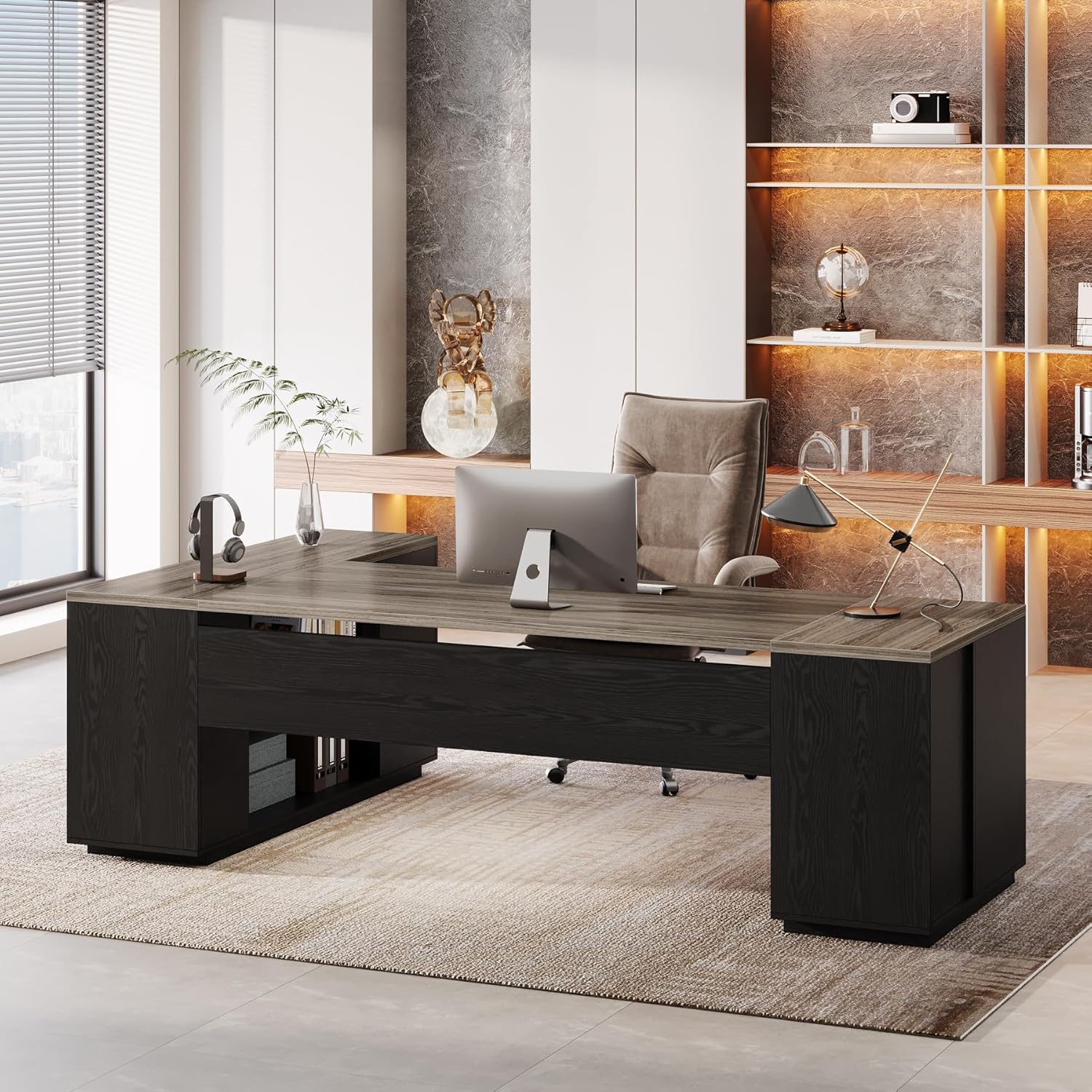 Tribesigns 85.8-Inch L-Shaped Executive Desk, Extra Large Modern Office Desk with File Drawers, Door Cabinet & Shelves, Commercial Office Table, Home Business Workstation, Grey & Black