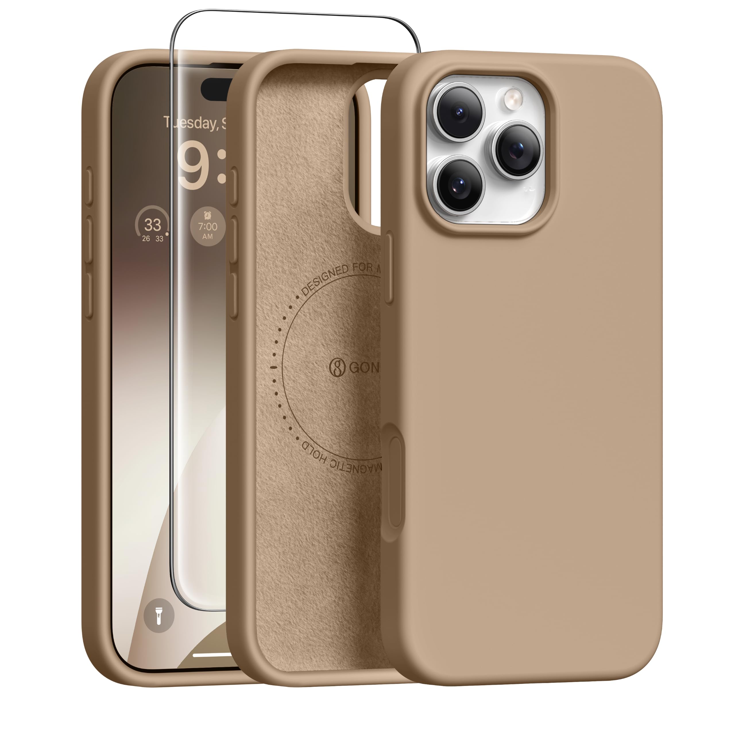GONEZ Magnetic for iPhone 16 Pro Max Case, [Compatible with MagSafe] Anti-Scratch Microfiber Lining &amp; Screen Protector, Silicone Camera Control, Shockproof Slim Phone Cover 6.9 inch, Light Brown