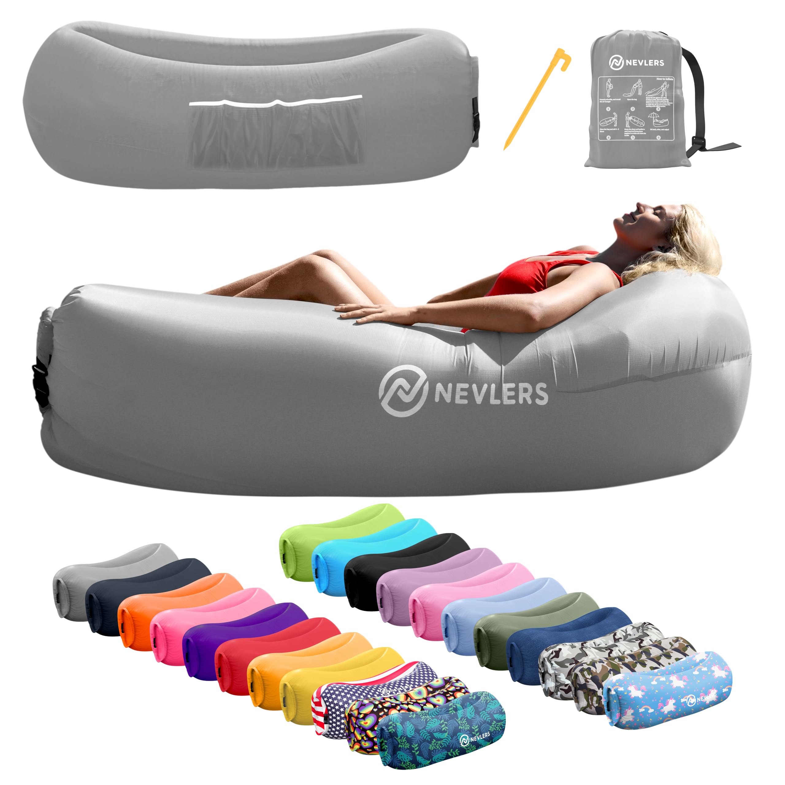 Nevlers Inflatable Lounger | 210T Polyester Inflatable Chair | No-Pump Blow Up Couch | Camping Couch Air Sofa Bed w/ 450 lbs. Cap., Pockets & Matching Bag | Use as Inflatable Couch for Adults & Kids