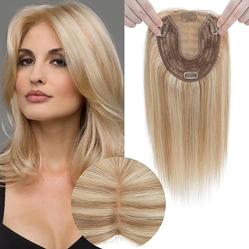 12P613 - Toppers para mujer, cabello humano real, sin flequillo, 5.1 x 5.9 in, base de seda más grande, densidad del 150%, extensiones de cabello
