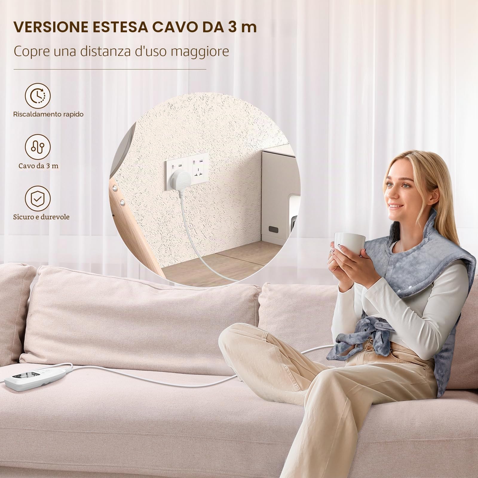 NALONE Termoforo Elettrico per Collo e Spalle 63x100cm, Cuscino Termico con 6 Livelli di Riscaldamento, 4 Timer, Cintura Regolabile, Scaldaschiena in Flanella