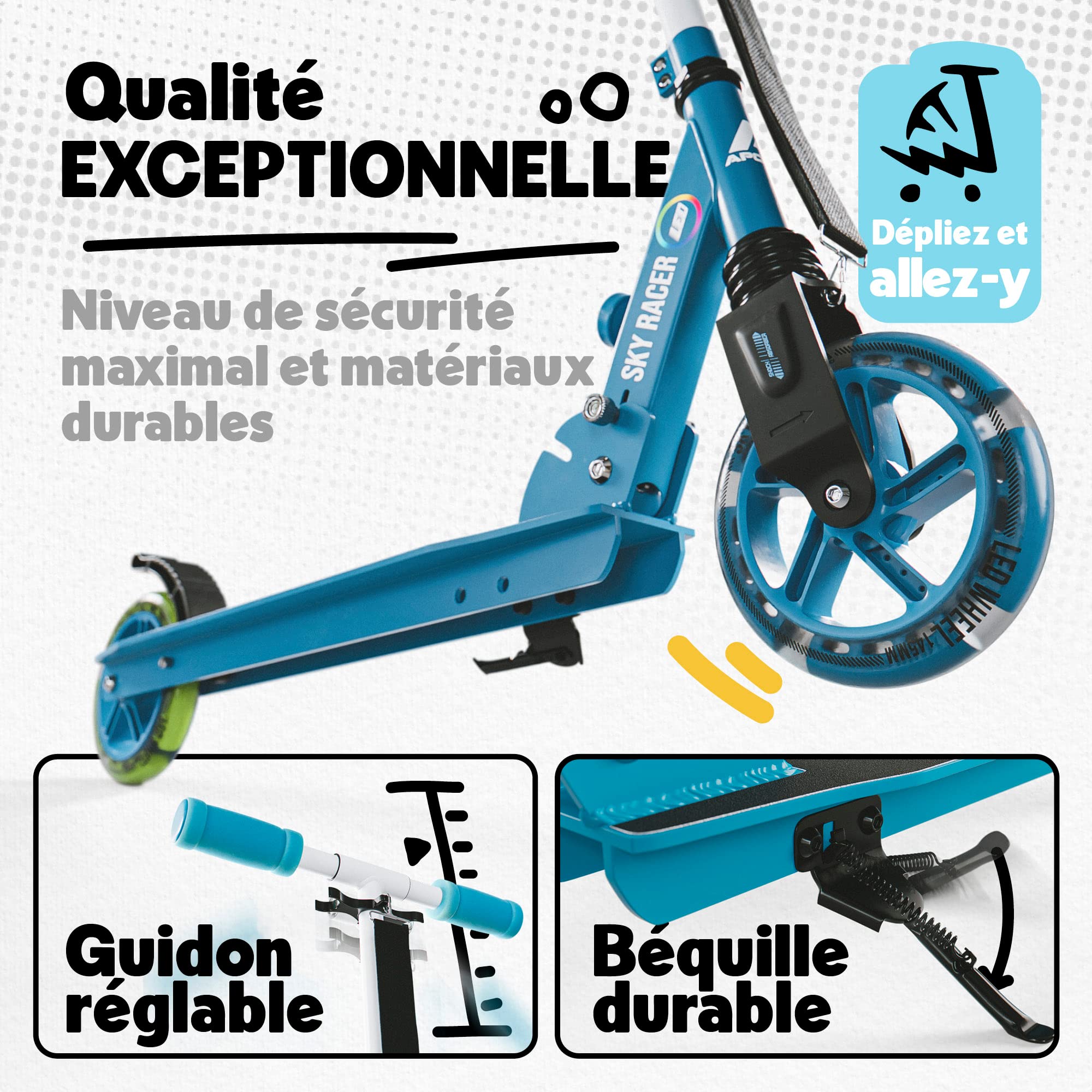 Apollo LED Skyracer – Trottinette Urbaine à Suspension avec Roues LED 145 mm, modèle Pliable et réglable en Hauteur pour Enfants et Adolescents, adaptée au Freestyle