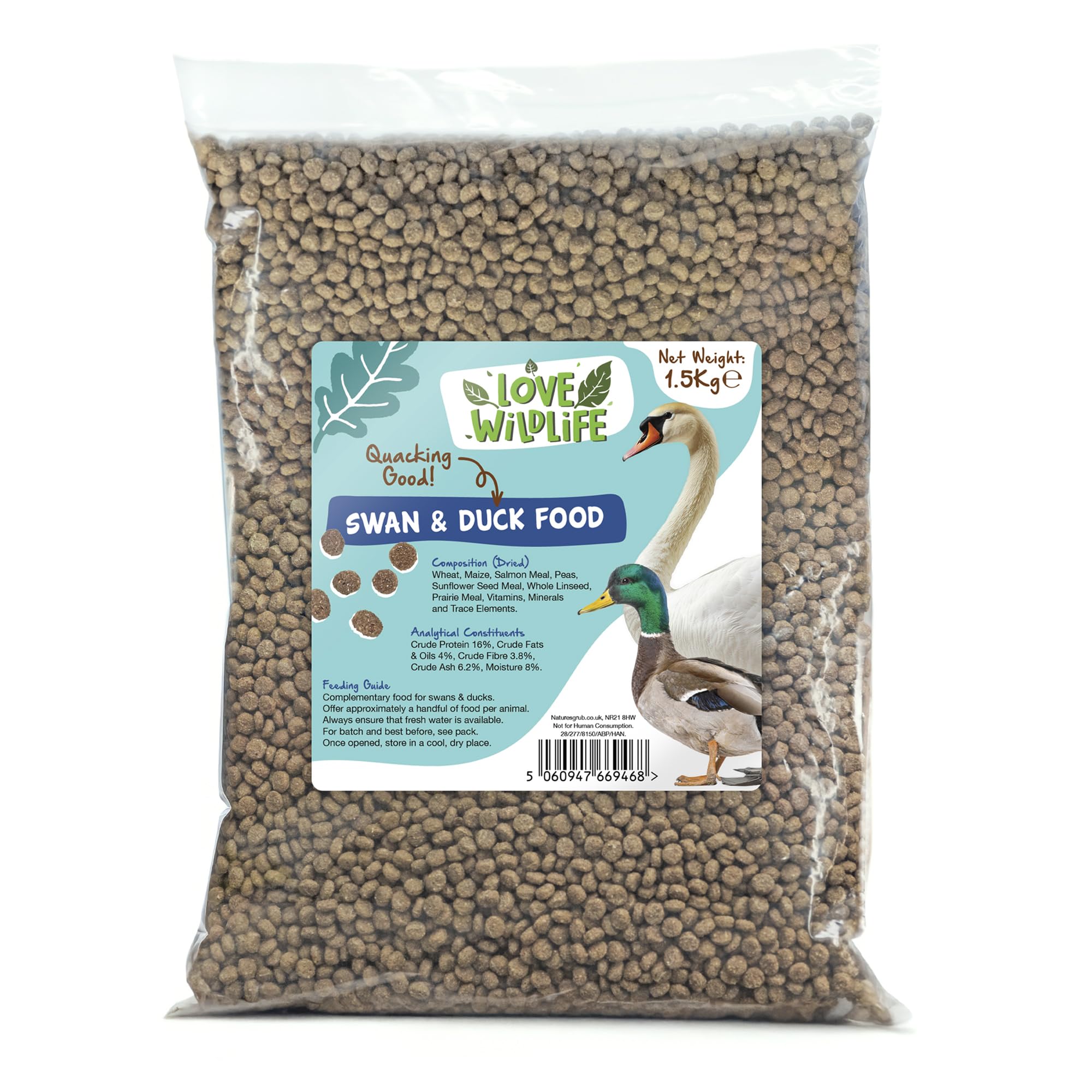 Love Wildlife Swan & Duck Food 1.5kg | Premium Complete Dry Food Pellets for Waterfowl, Natural Floating Mix, High in Protein, Vitamins & Minerals, Nutritious Alternative to Bread, Made in the UK