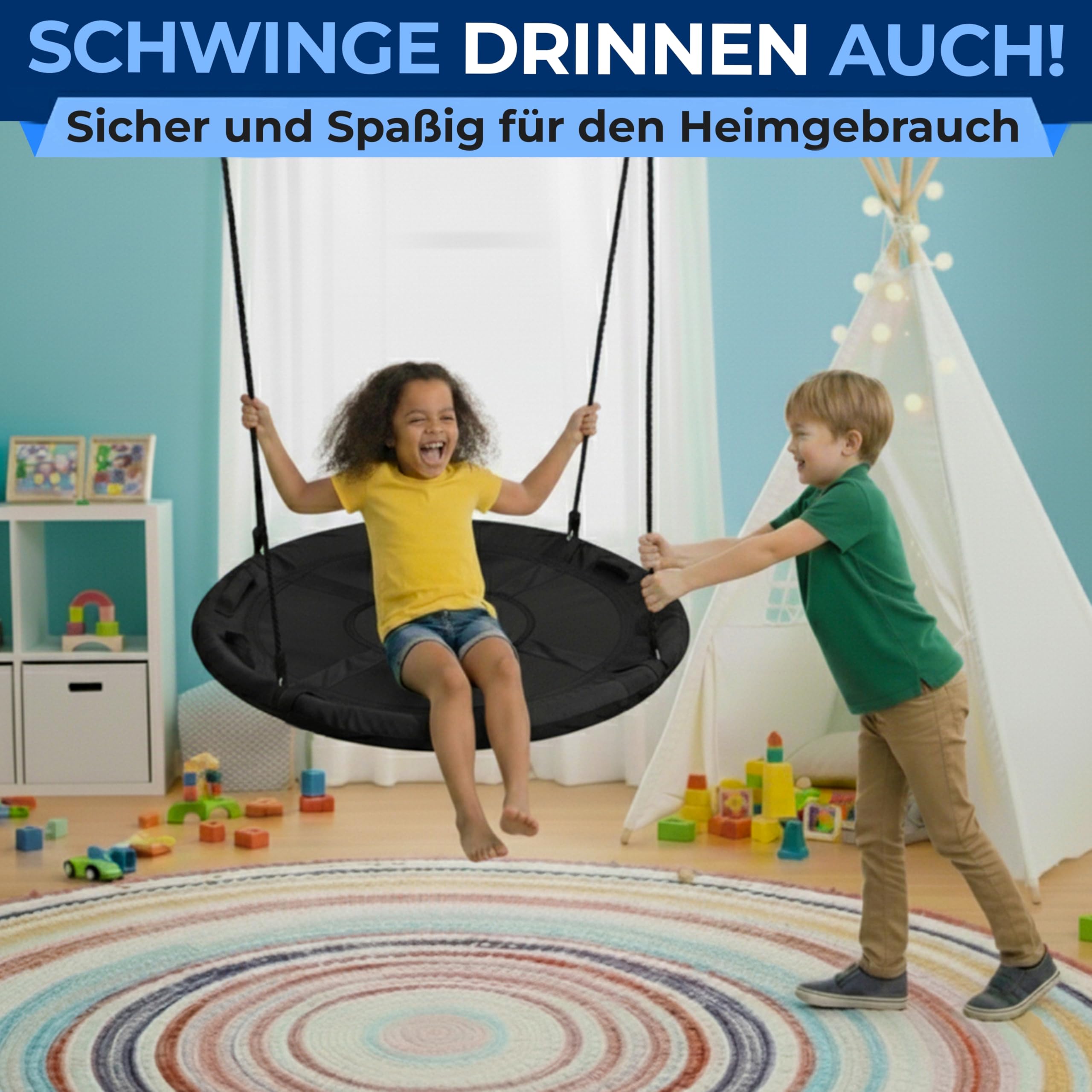 SereneLife Nestschaukel Indoor Outdoor, 100 cm Kinder Schaukel, bis 270 kg belastbar, Baumschaukel für Garten, Kinder & Erwachsene, Schwarz