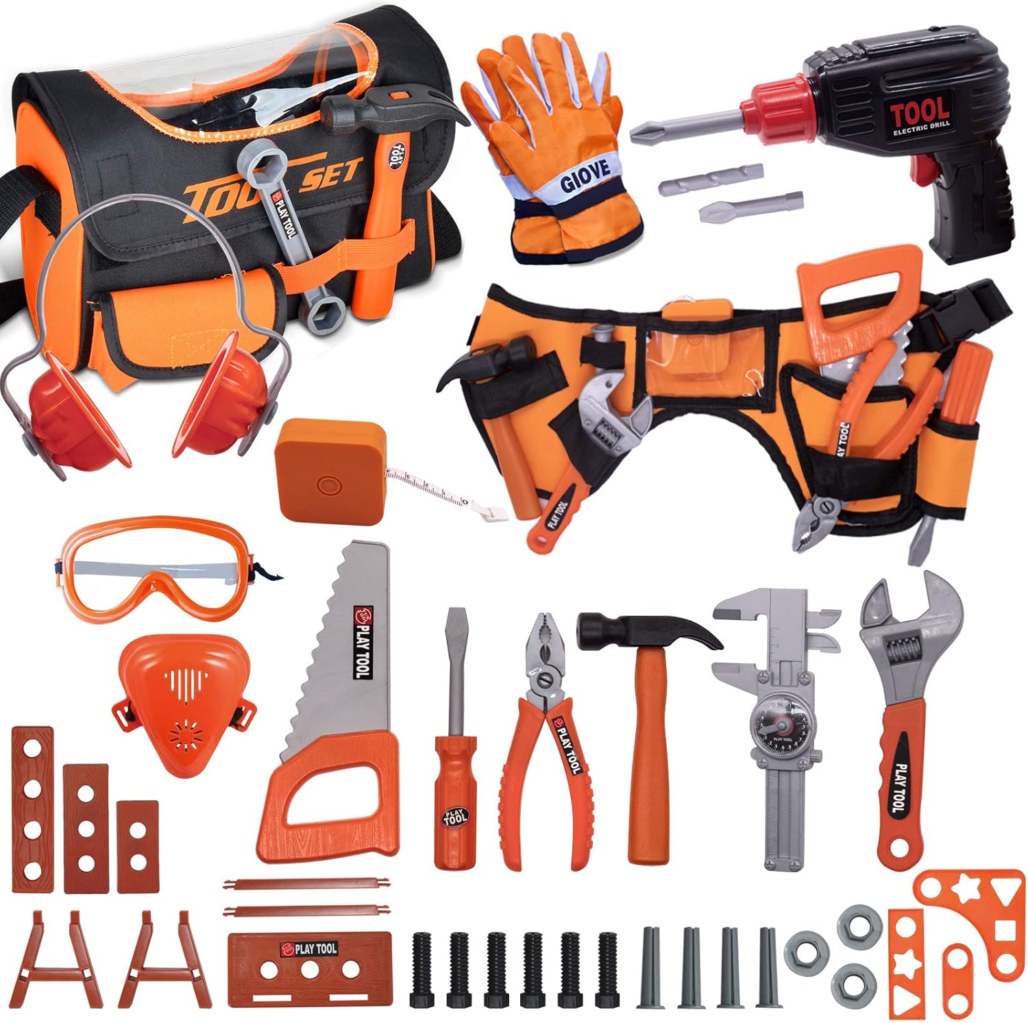 Toy Tool Set for Boys 46pcs Pretend Play Construction Toy with Storage Bag&Kids Toolbelt, Electric Drill Toy, Tape Measure, Goggle Toys Durable Kids Tool Accessories for 3 4 5 6 Year Old Kids : Toys & Games