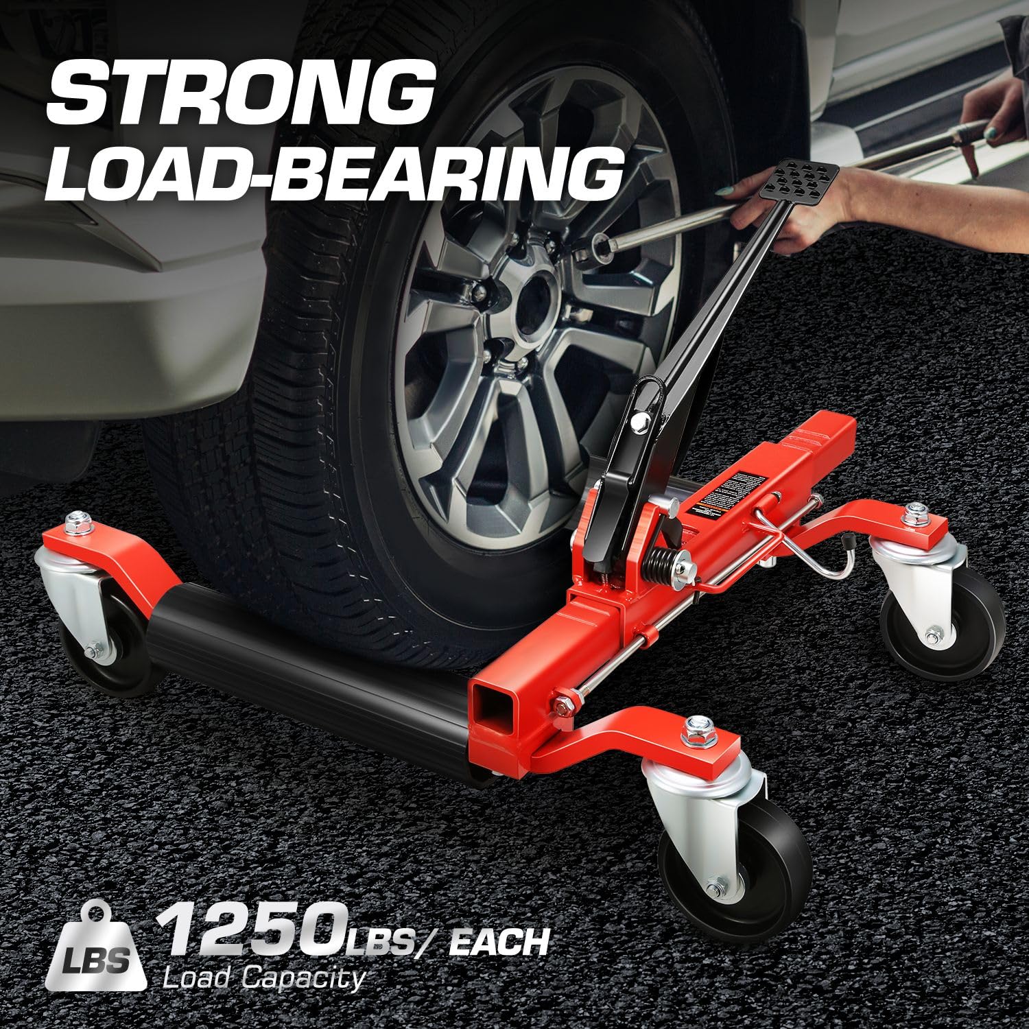 DNA MOTORING 2-teiliges Wagenheber-Set, mechanisch, 567 kg, 30,5 cm Rad, Fahrzeug-Positionierungswagenheber, robuste Rollen mit Ratschen-Fußpedal für Reifenreparatur, Umzug, TOOLS-00756