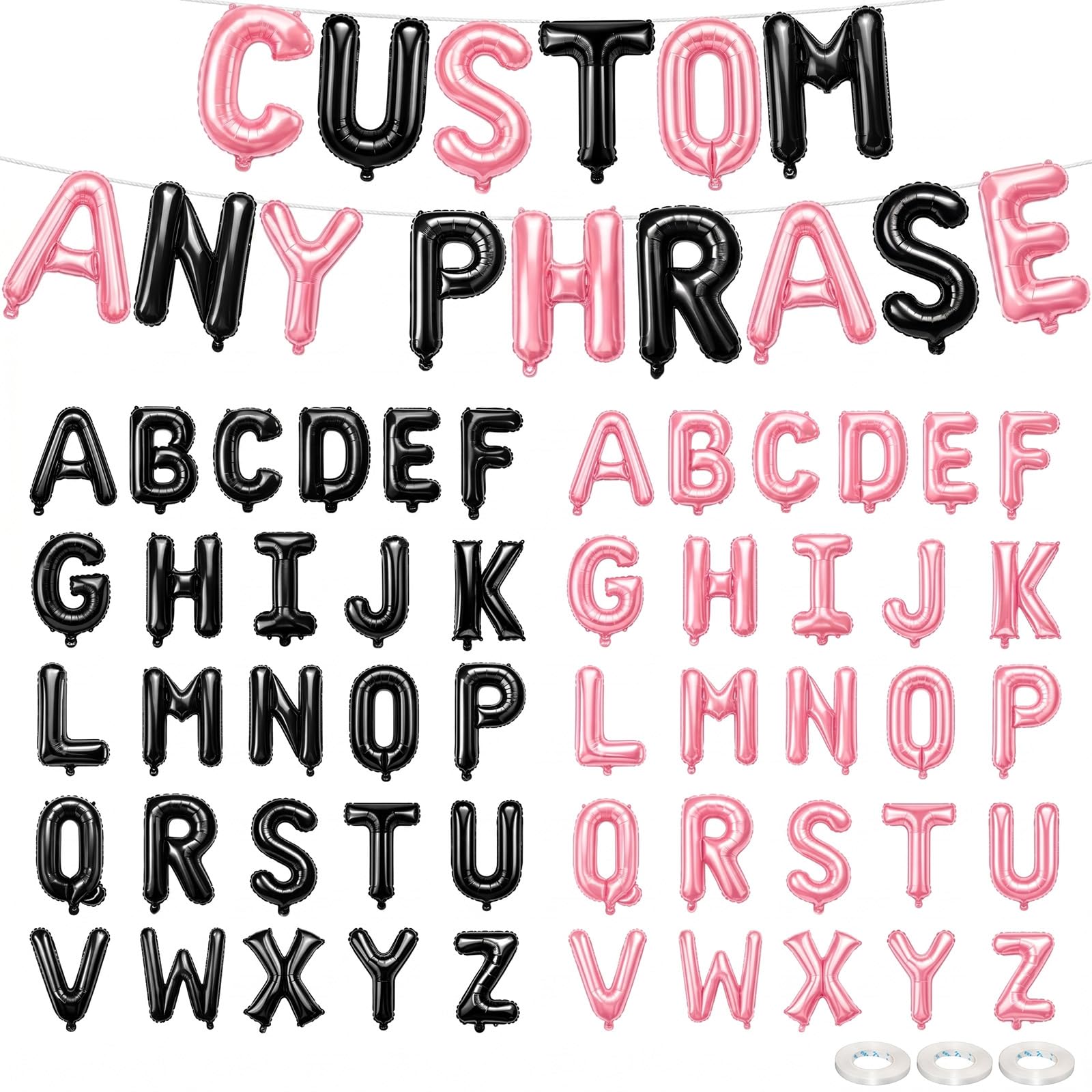 52 Pcs Letter Balloons Pink Black Balloon Banner 16 Inch 2 Sets A- Z Alphabet Letters Mylar Foil Balloons Custom Phrase for Birthday Graduations Anniversary Celebration Wedding Party Decorations