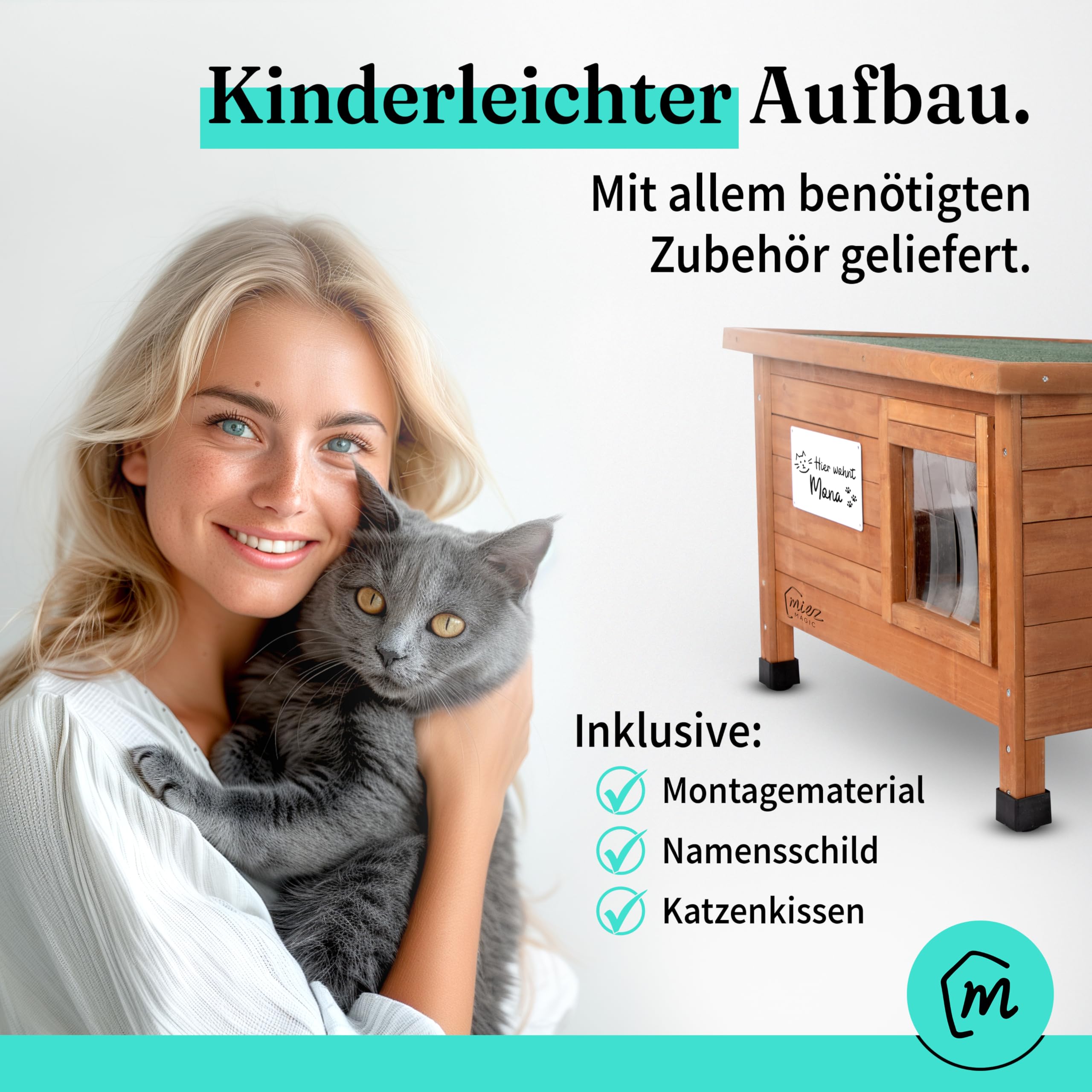 Katzenhaus Outdoor Winterfest isoliert - Robustes Katzenhaus für draussen aus Fichtenholz - Wasserdicht & isoliert mit Dachscharnier - Komfort Katzenhütte inkl. Katzenkissen 67x53x43cm