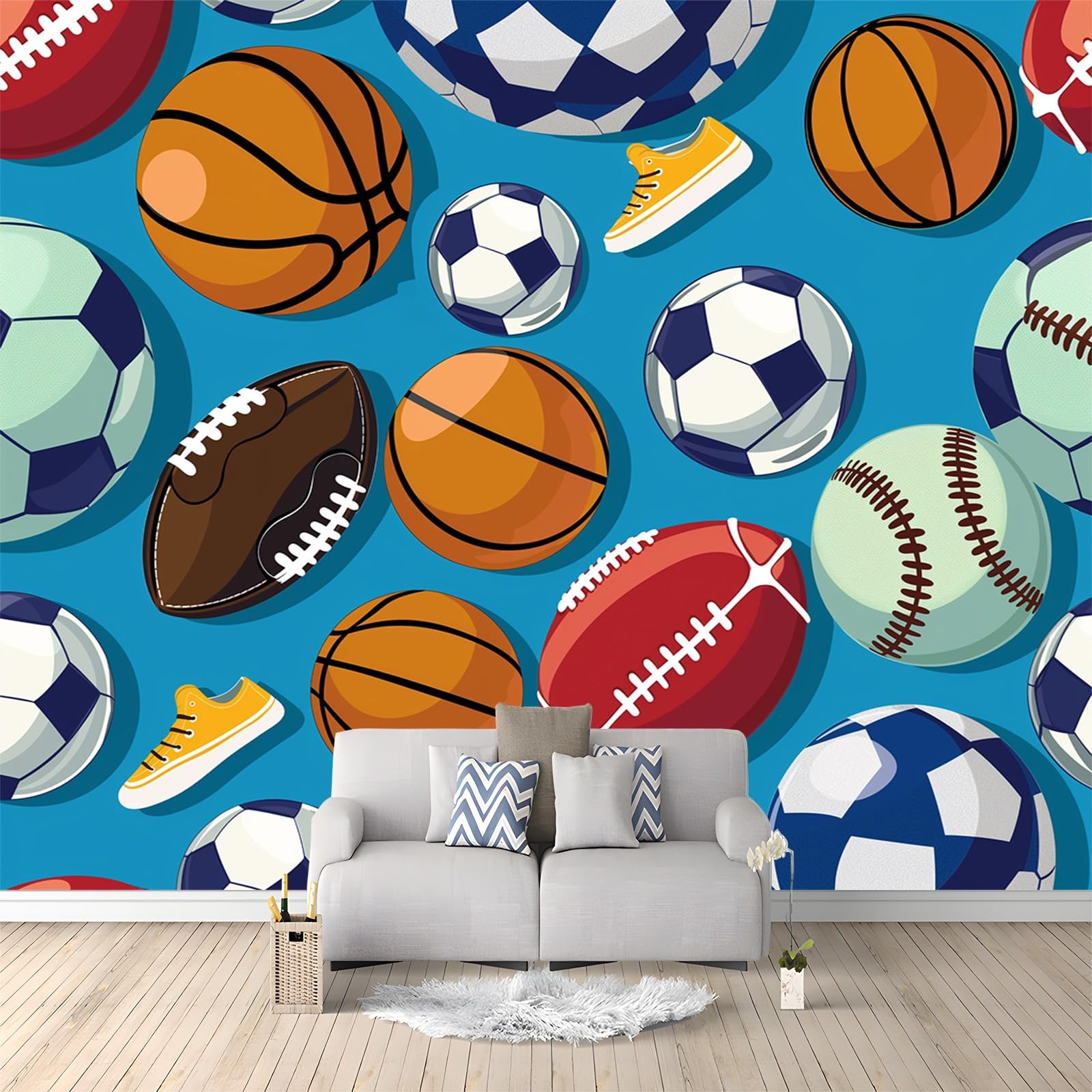 Fototapeta 250 x 175 cm, z kreskówki, piłka nożna, koszykówka, efekt 3D, tapeta z włókniny, nowoczesna tapeta ścienna, do salonu, sypialni, pokoju dziecięcego, kolorowa, idealna do kuchni i różnych