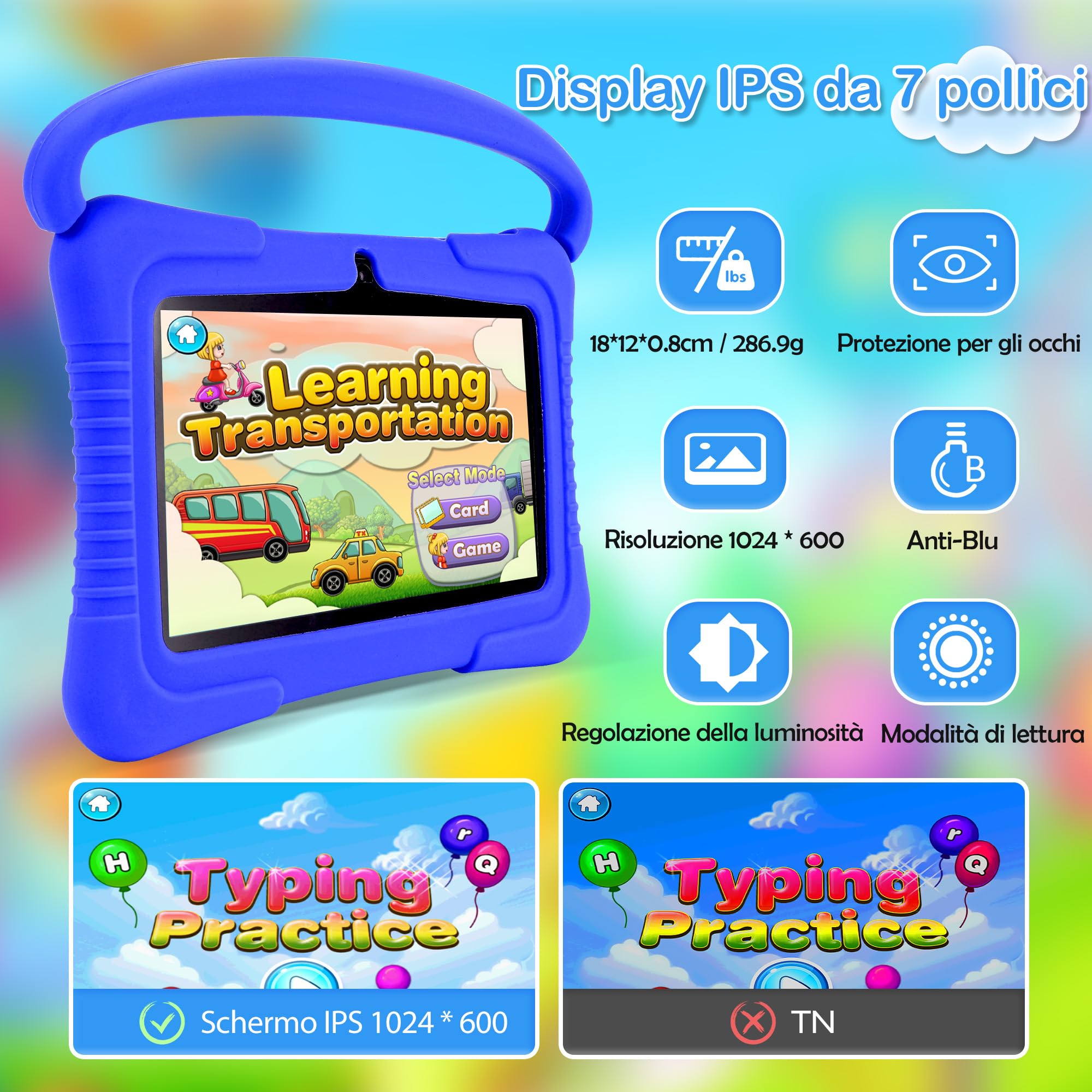 Veidoo Tablet per Bambini, 7 Pollici, Android Tablet PC 2GB RAM / 32GB ROM, Schermo Tattile HD IPS 1024 * 600, Controllo Parentale, WiFi, Type-C, Doppia Fotocamera Tablet Educativo (Blu Scuro)