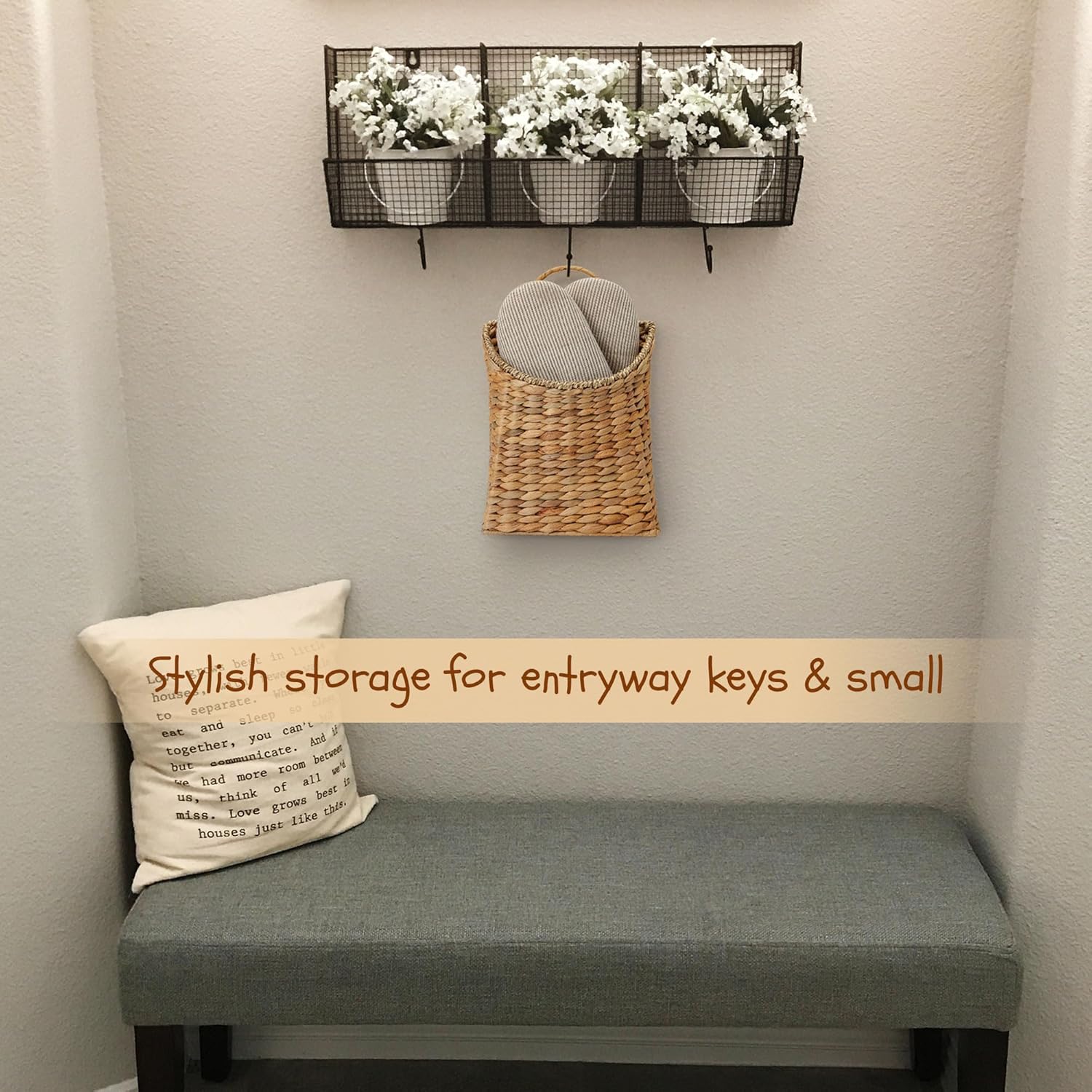 Front Door Basket - Rustic Farmhouse Hanging Door Basket, 13x8.5 Inch Water Hyacinth Hanging Woven Basket with Seagrass Mouth for Plants, Mail & Flowers Storage, Entryway Home Decor