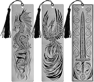 Stainless Steel Bookmarks – Set of 3 Featuring Dragon, Phoenix and Sword, 150x40mm, Laser-Engraved, Durable Metal, Perfect for Book Lovers & Unique Gift Ideas. Fantasy Series