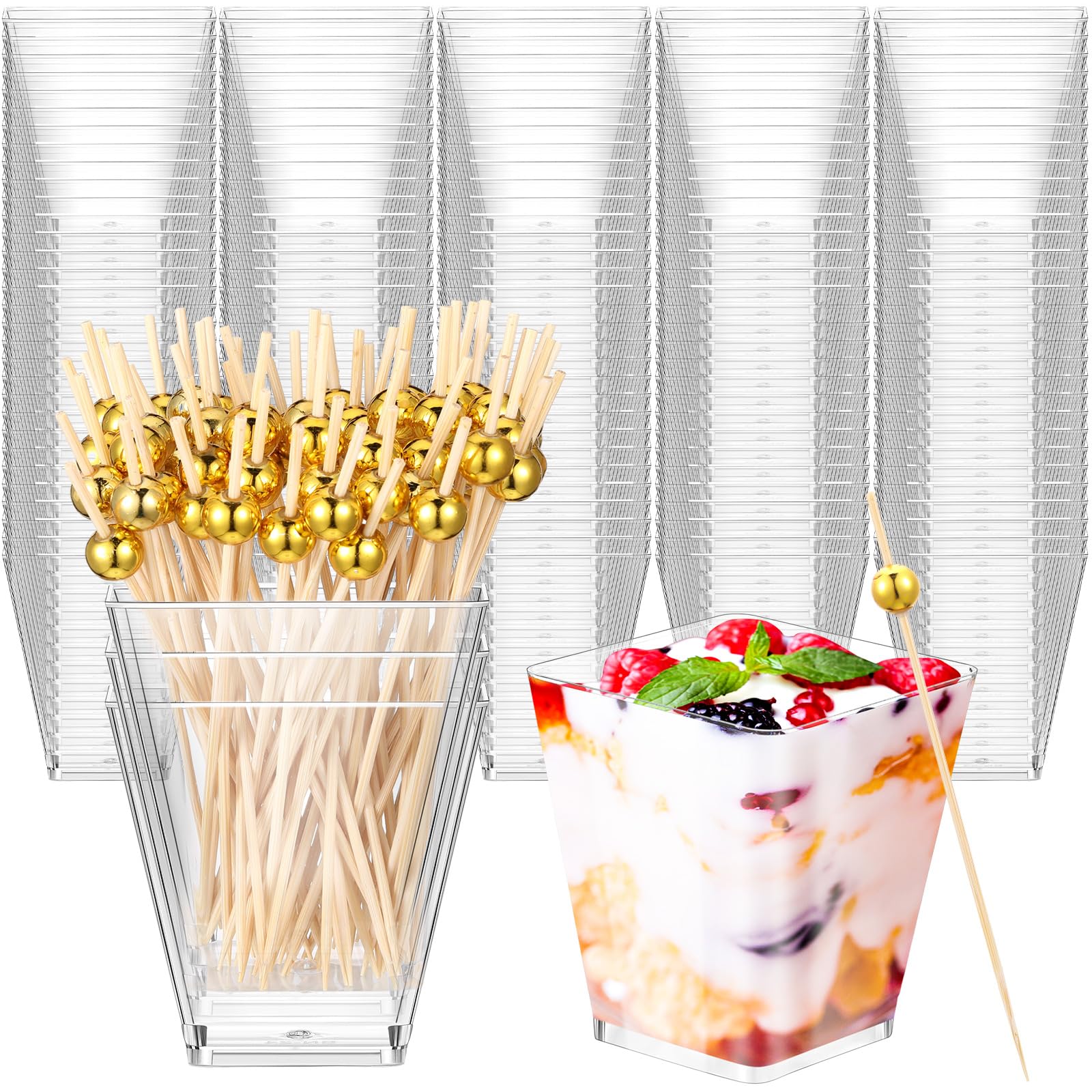 Gejoy 125 Pack 7oz Square Plastic Dessert Cups Appetizer Cups for Party Parfait Cups Yogurt Parfait Containers with 125 Cocktail Picks for Desserts Appetizers Drinks Food Serving Party