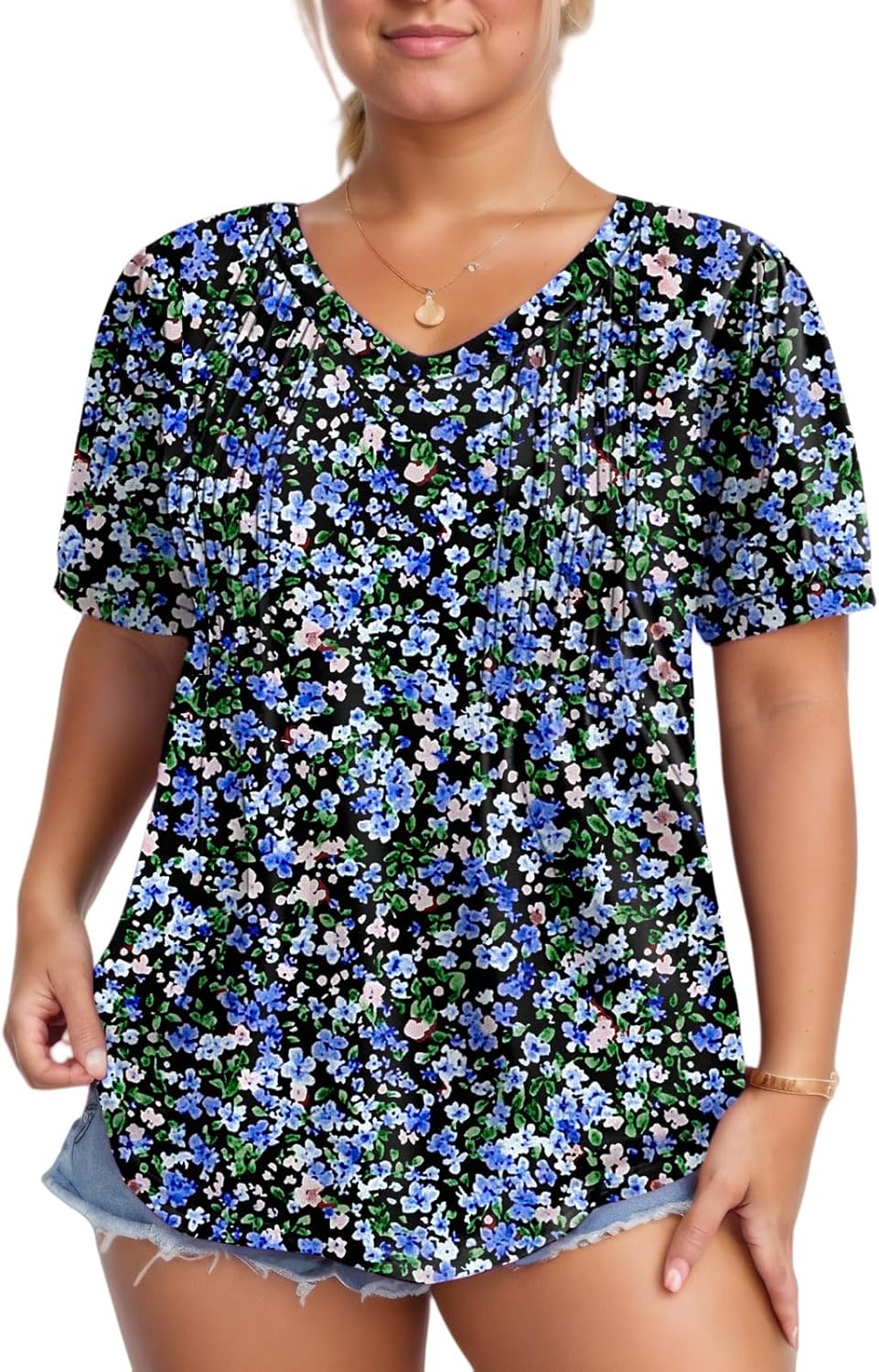 VISLILY Womens-Plus-Size-Summer-Tops Casual V Neck T Shirts Dressy Puff Short Sleeve Tunics Tee Cute Pleated Blouses XL-5XL - Image 2