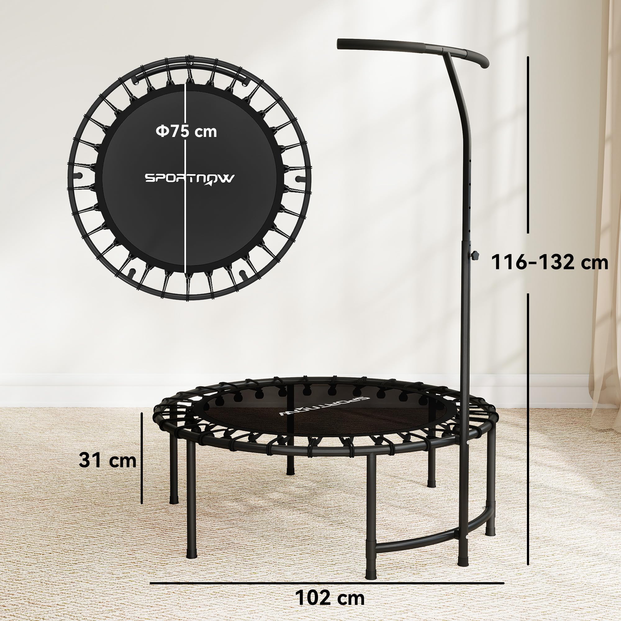 SPORTNOW Trampoline de Fitness 102 cm, Cordes Élastiques, Poignée Réglable 5 Positions, Capacité 100 kg, Cadre en Acier, Trampoline d'exercice pour Gymnastique, Entraînement, Noir