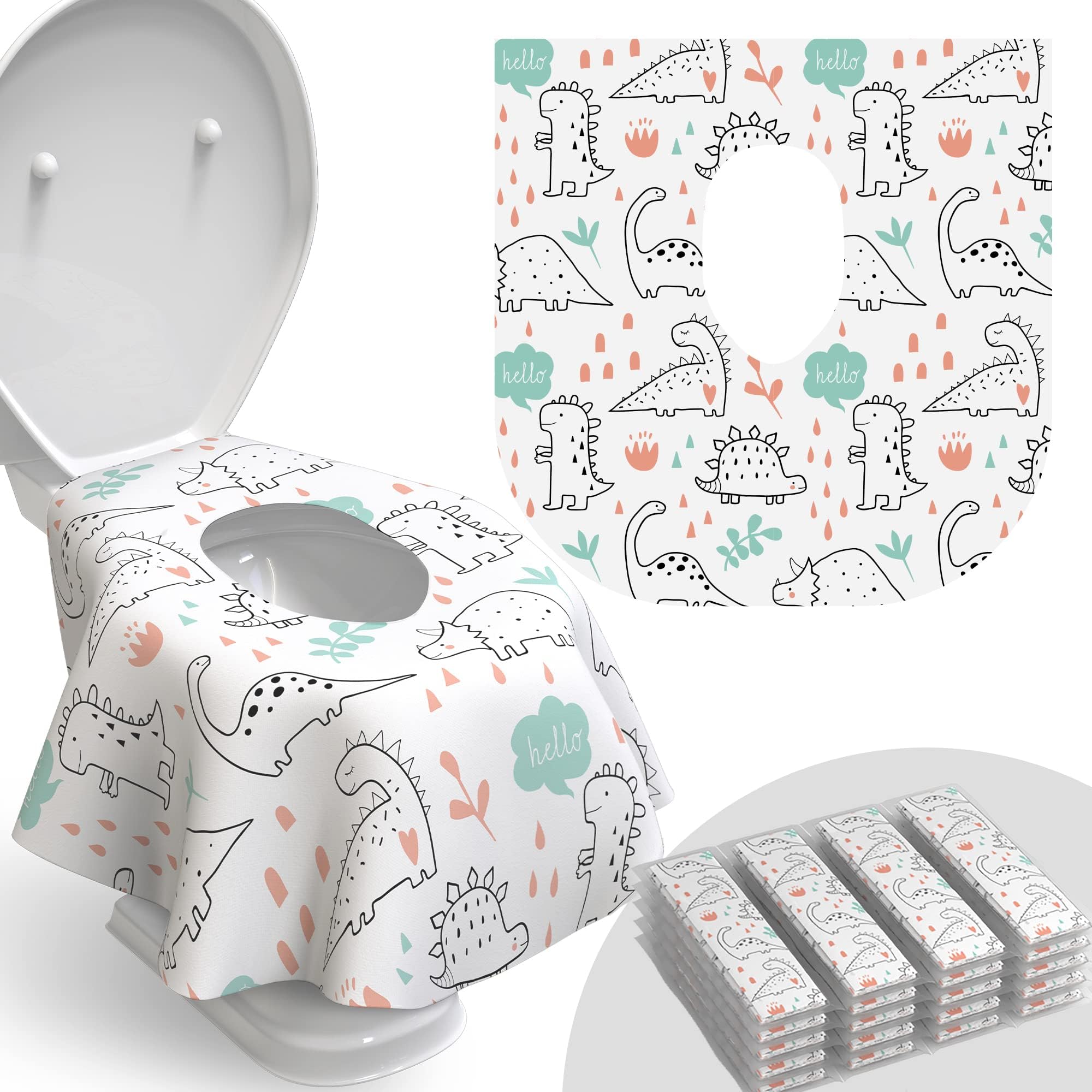 Relyo Disposable Toilet Seat Cover for Travel – 20 Pack with Covers Wrapped in Sets of 2, Non-Flushable Liners, Fits Most Seats – Kids, Toddlers, Adults (Dinosaurs, 20)