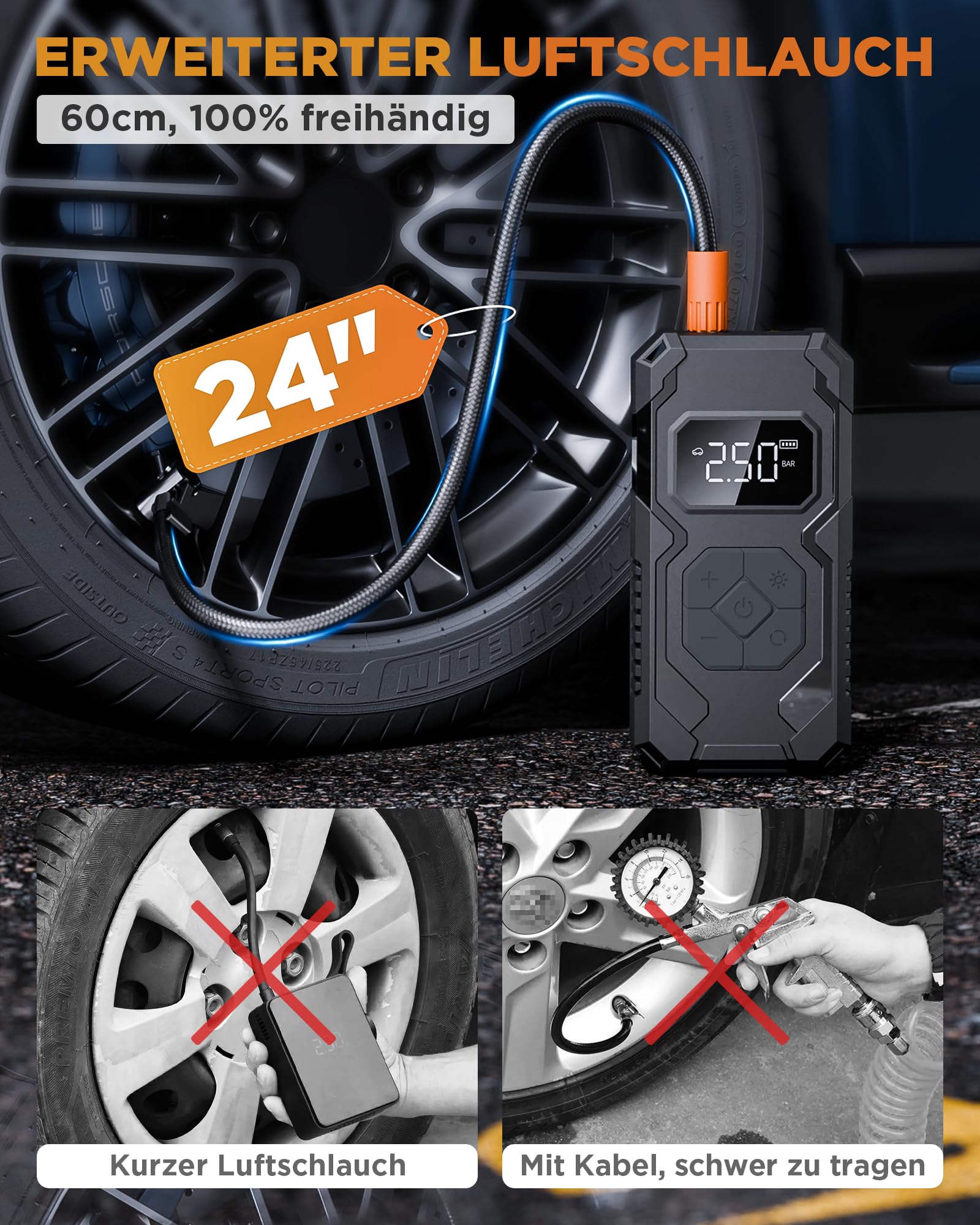 Elektrische Luftpumpe 150PSI Tire Inflator Portable, Akku Kompressor mit Manometer, Fahrradpumpe Elektrisch wiederaufladbar Reifenfüller für Auto, Fahrrad, Motorrad, Bälle, Schwarz