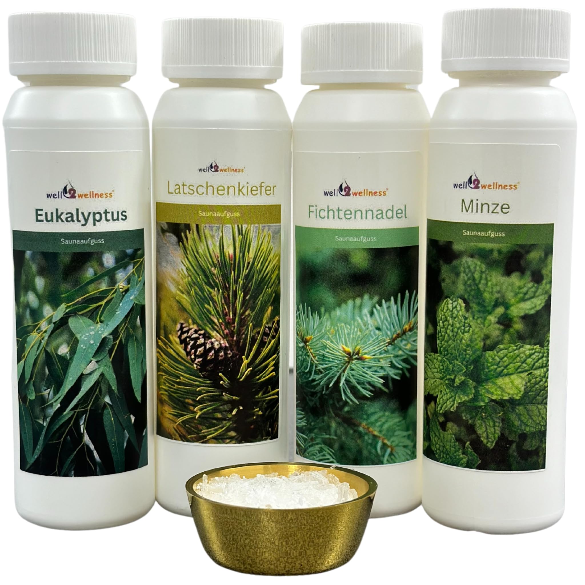 well2wellness® Saunaaufguss Set 4 x 125 ml 'Klassik 1' mit Eukalyptus, Latschenkiefer, Minze, Fichtennadel + gratis 10g Mentholkristalle
