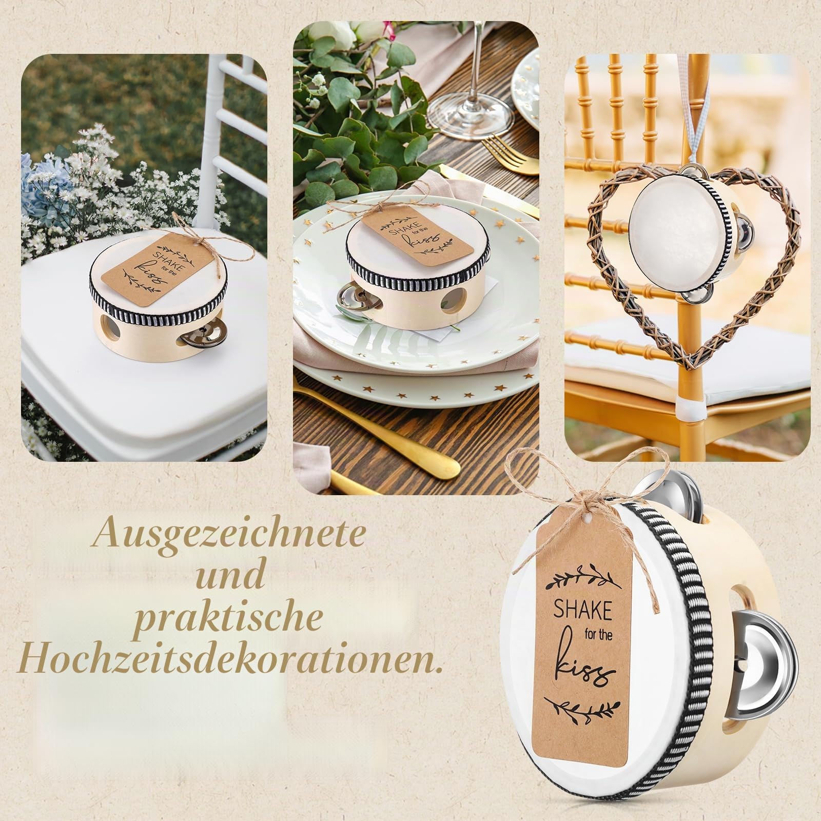Boao 12 Sets 15,2 cm Hochzeits-Tamburine für Erwachsene, Holz, Handtrommel, Metallschellen mit Etiketten, Seil, Percussion, Musikinstrument für Kirche, Hochzeit, Party, Gastgeschenk