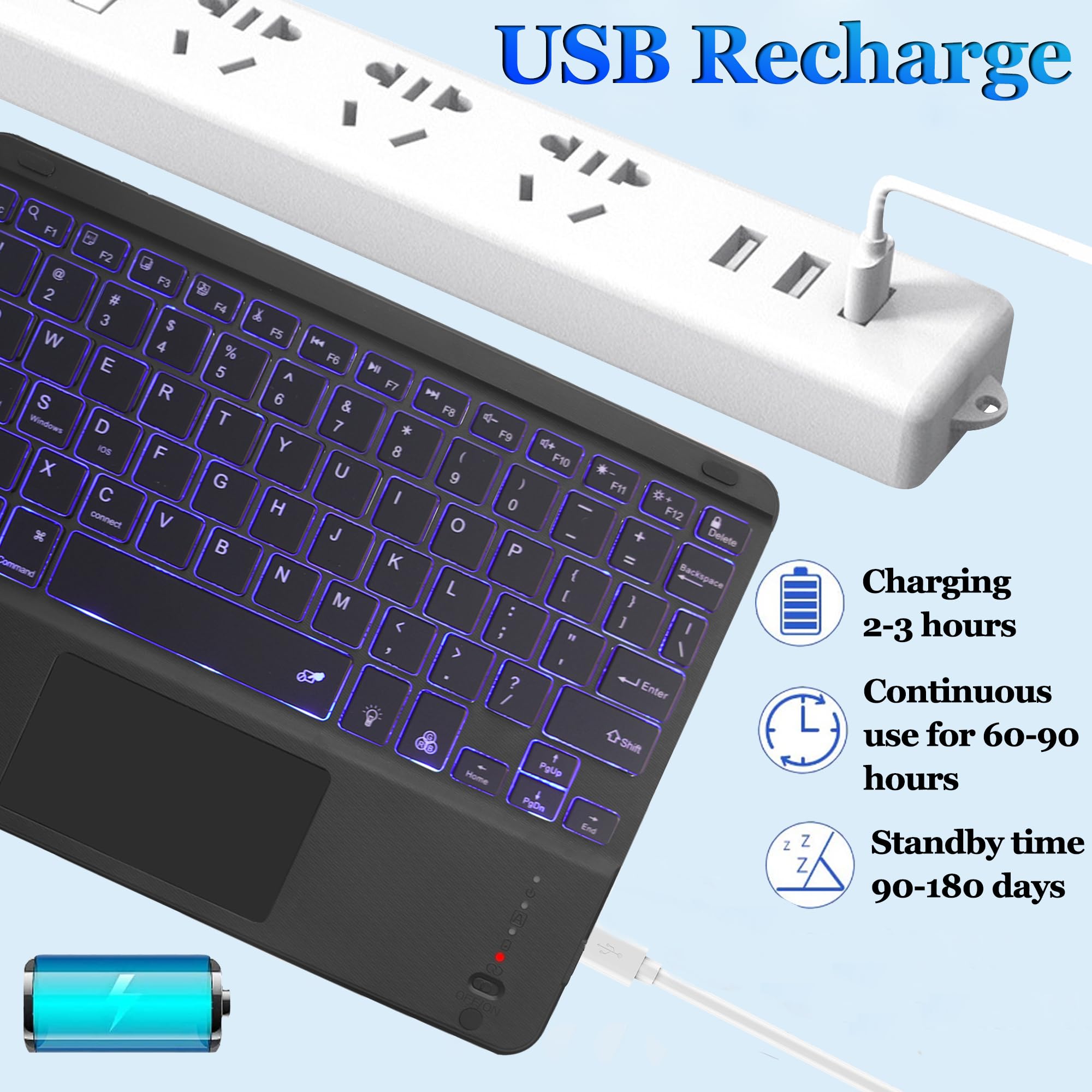 Teclado Bluetooth inalámbrico, teclado ultradelgado de 10 pulgadas con retroiluminación de 7 colores con panel táctil, teclado portátil inalámbrico inalámbrico inalámbrico Bluetooth portátil para 5