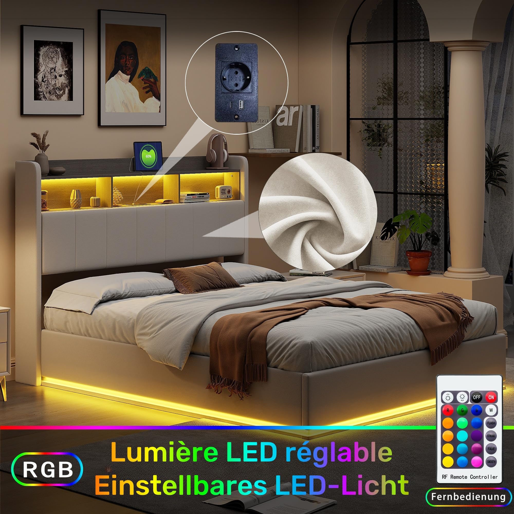 Letto Imbottito 160 x 200 cm, Letto Matrimoniale con Contenitore, letto una Piazza e Mezza, con LED e Ricarica USB, Letti con Rete a Doghe, Testiera con Vano Portaoggetti, Velluto, Bianco