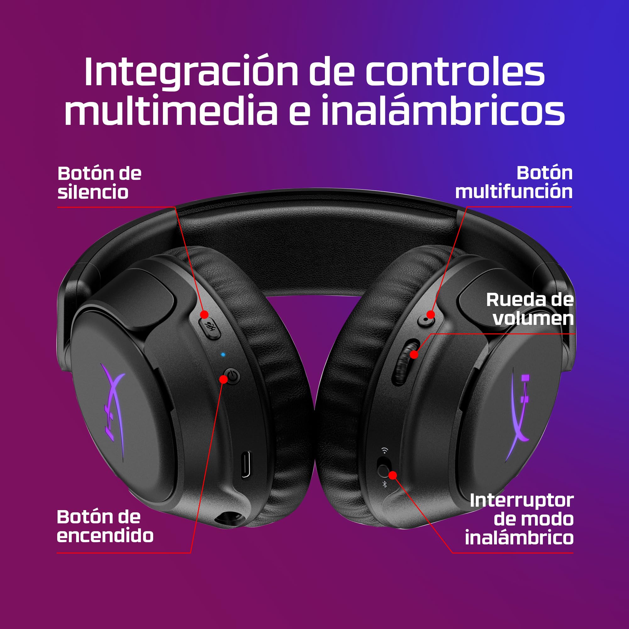 HyperX Cloud Flight 2 – Auricular Gaming inalámbrico, Luces RGB Personalizables, batería 100 Horas, Dual Wireless 2.4GHz y Bluetooth, Instant Pair, PC/PS/Switch/Móvil, Negro