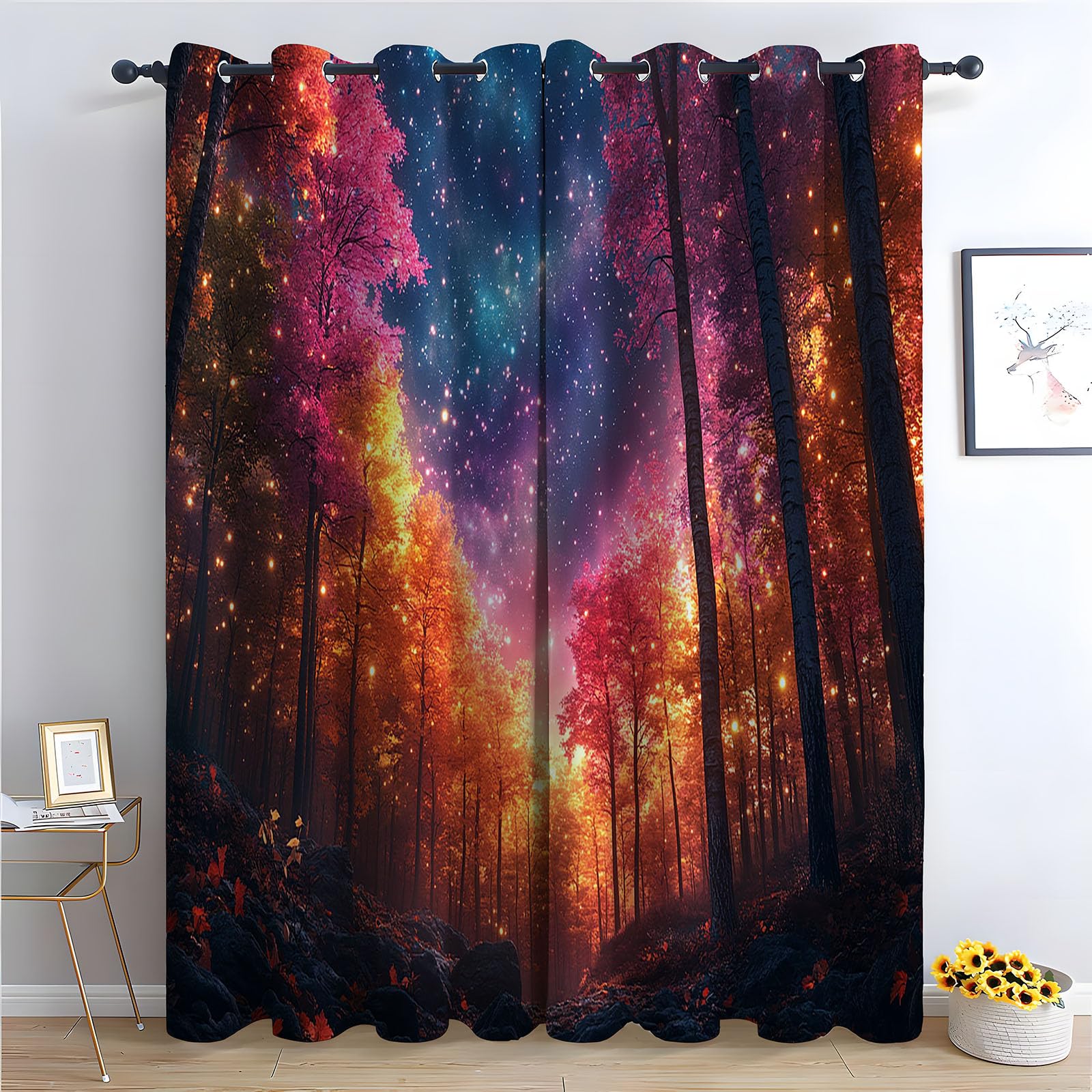 WIKEO Floral Curtains for Living Room Bedroom Beautiful Forest Scenery Textured Farmhouse Curtain Leaf Printed Eyelet Rustic Drapes Window Treatment-52 W x 96" L (Pack of 2)