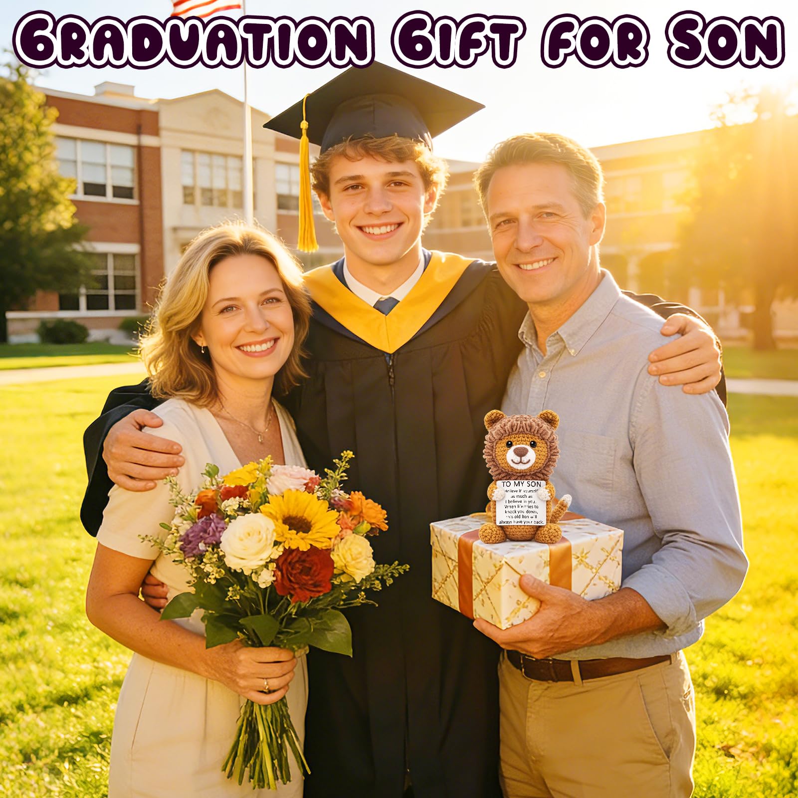 Son Gifts from Mom, Graduation Birthday Crochet for Teen Boy College Military Adult, Lion Encouragement Present to My Son from Mother Dad Father, Inspirational Keepsake Gift Desk Decorations